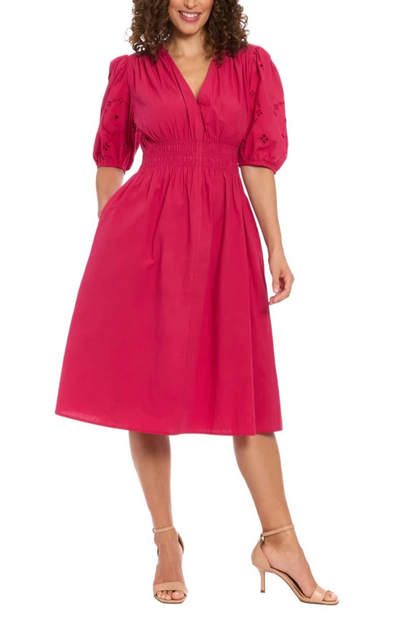 London Times Puff Short Eyelet Sleeve Midi Dress