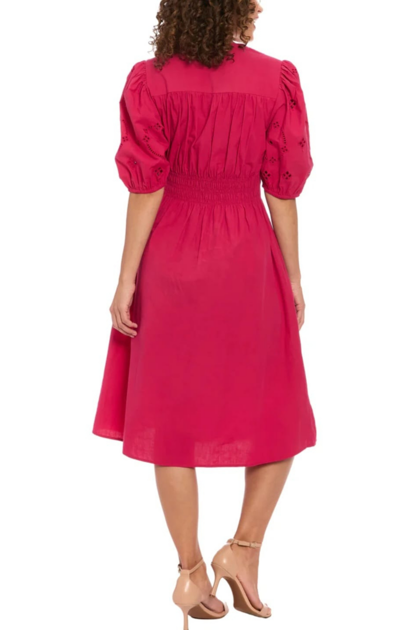 London Times Puff Short Eyelet Sleeve Midi Dress