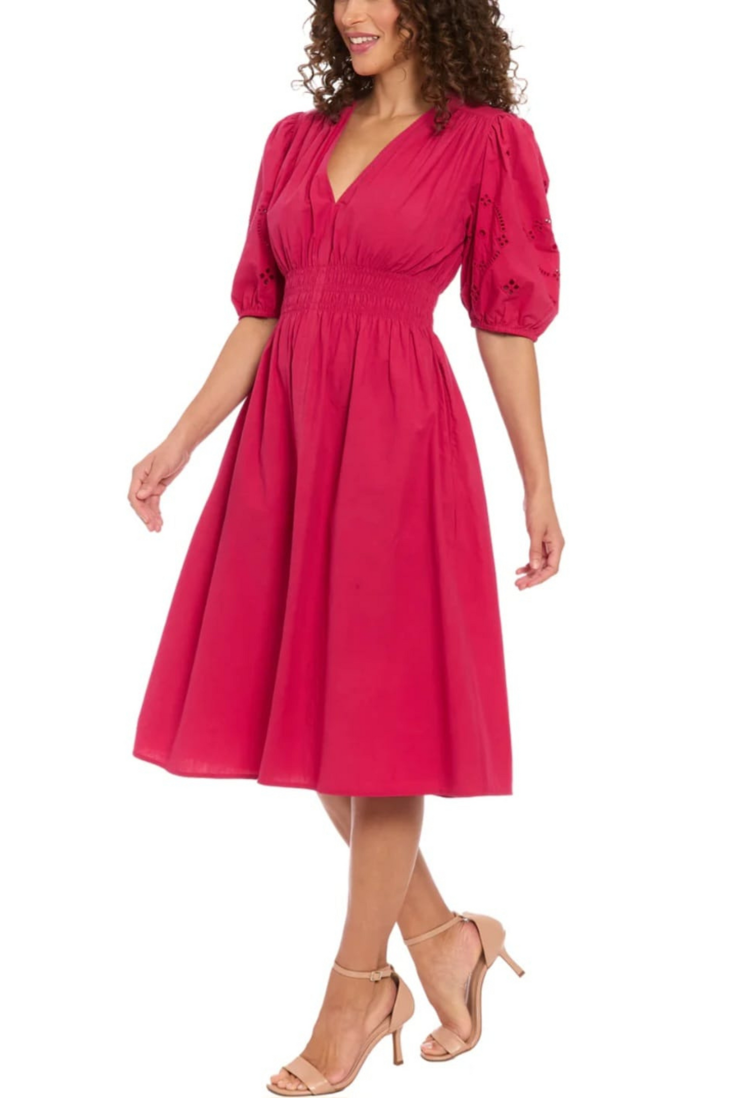 London Times Puff Short Eyelet Sleeve Midi Dress