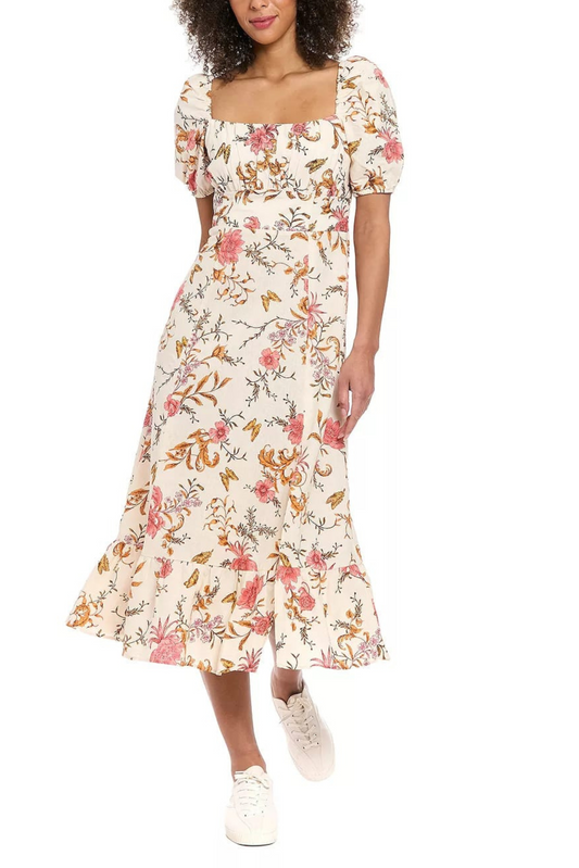 London Times Puff Sleeve Flower Print Maxi Dress