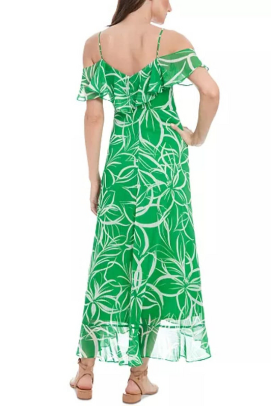 London Times Floral Print Cold Shoulder Hi-Lo Maxi Dress