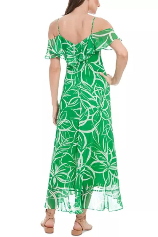 London Times Floral Print Cold Shoulder Hi-Lo Maxi Dress