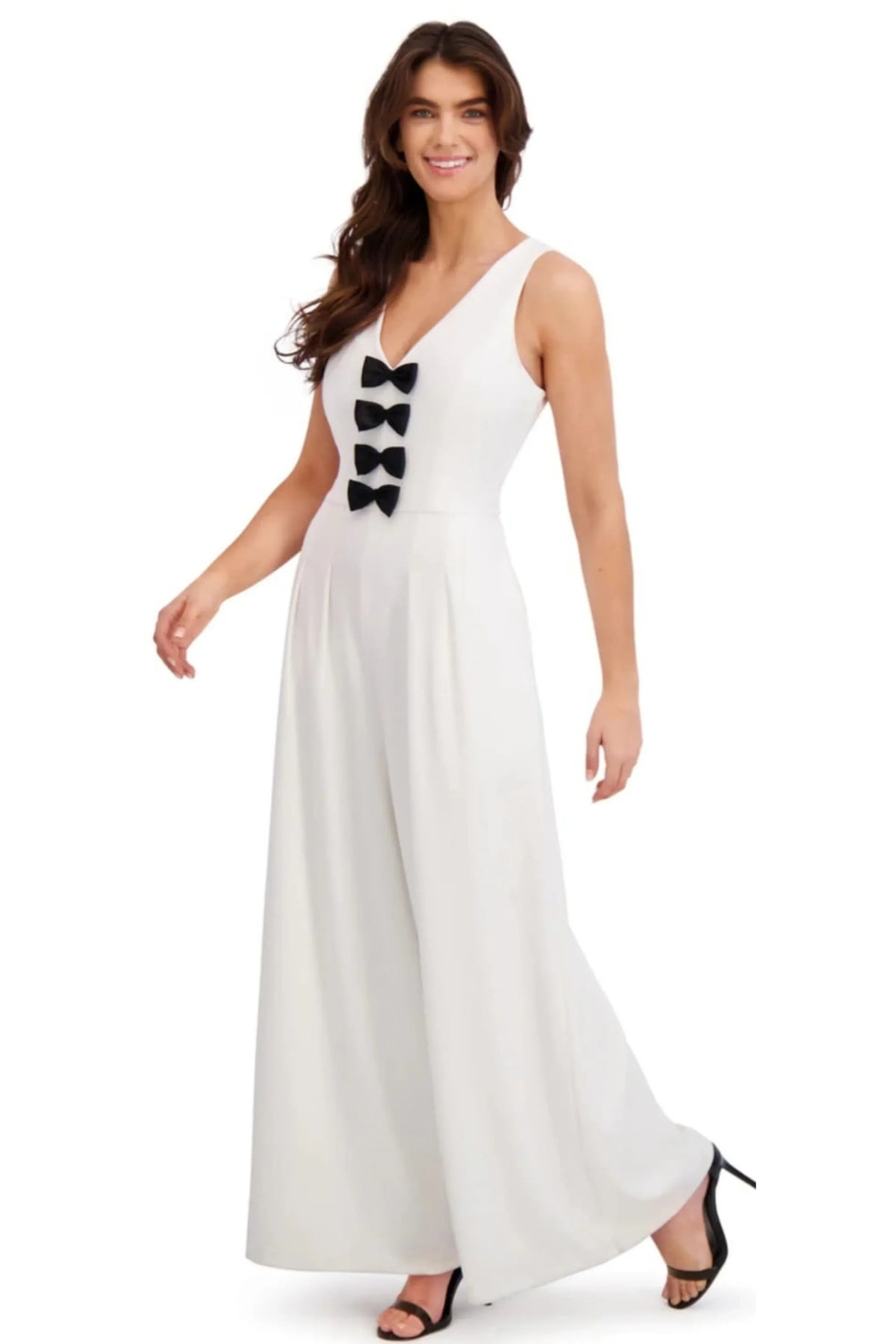 London Times Bow-Accent Sleeveless Wide-Leg Jumpsuit