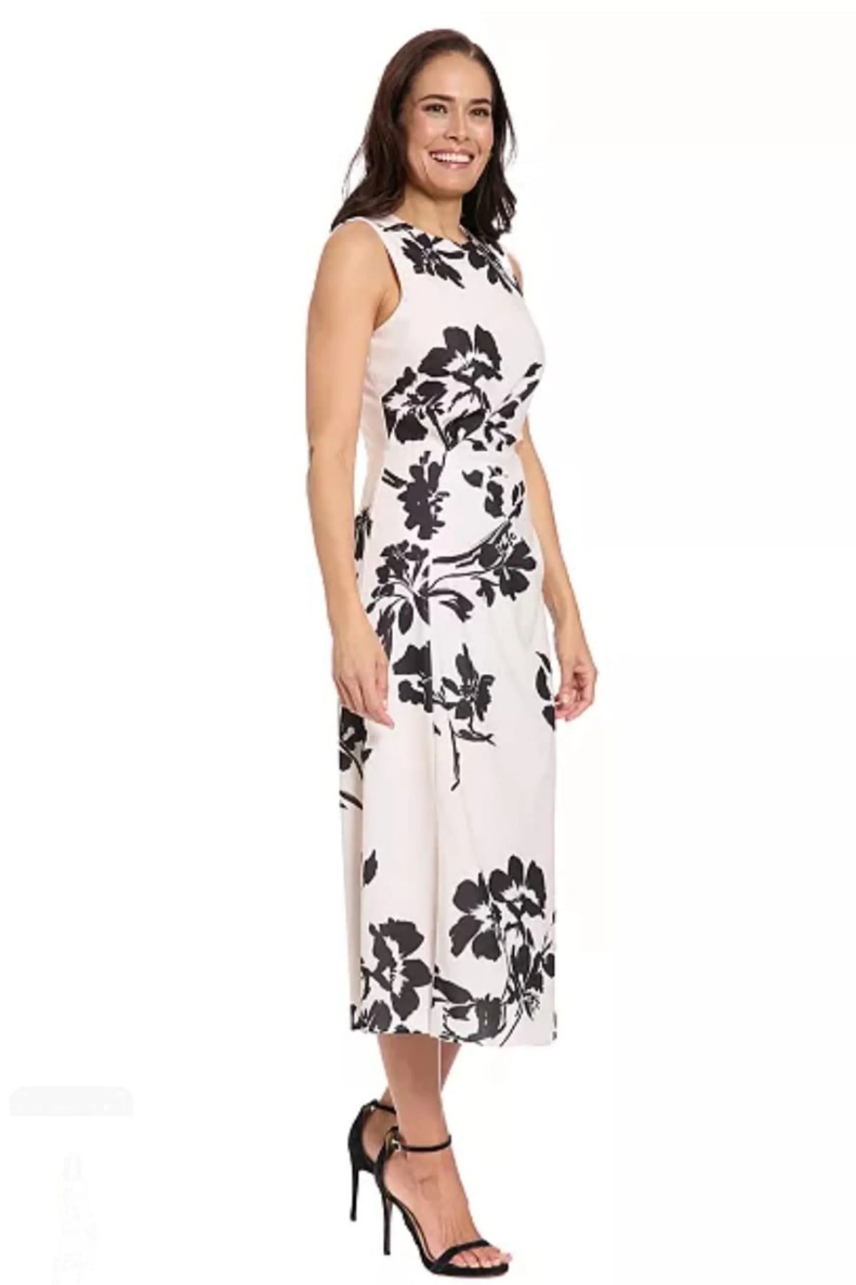 London Times Cream & Black Floral Sleeveless Midi A-Line Dress