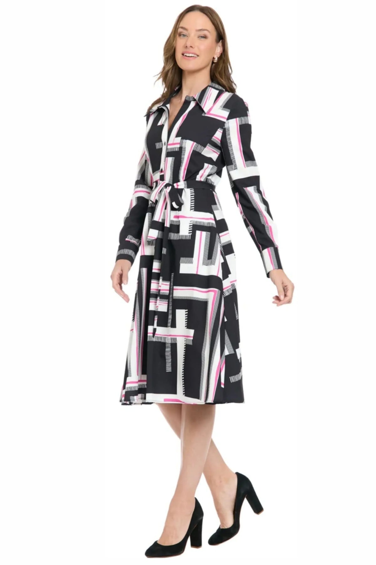 London Times Black & Pink Geometric Print Belted Shirtdress