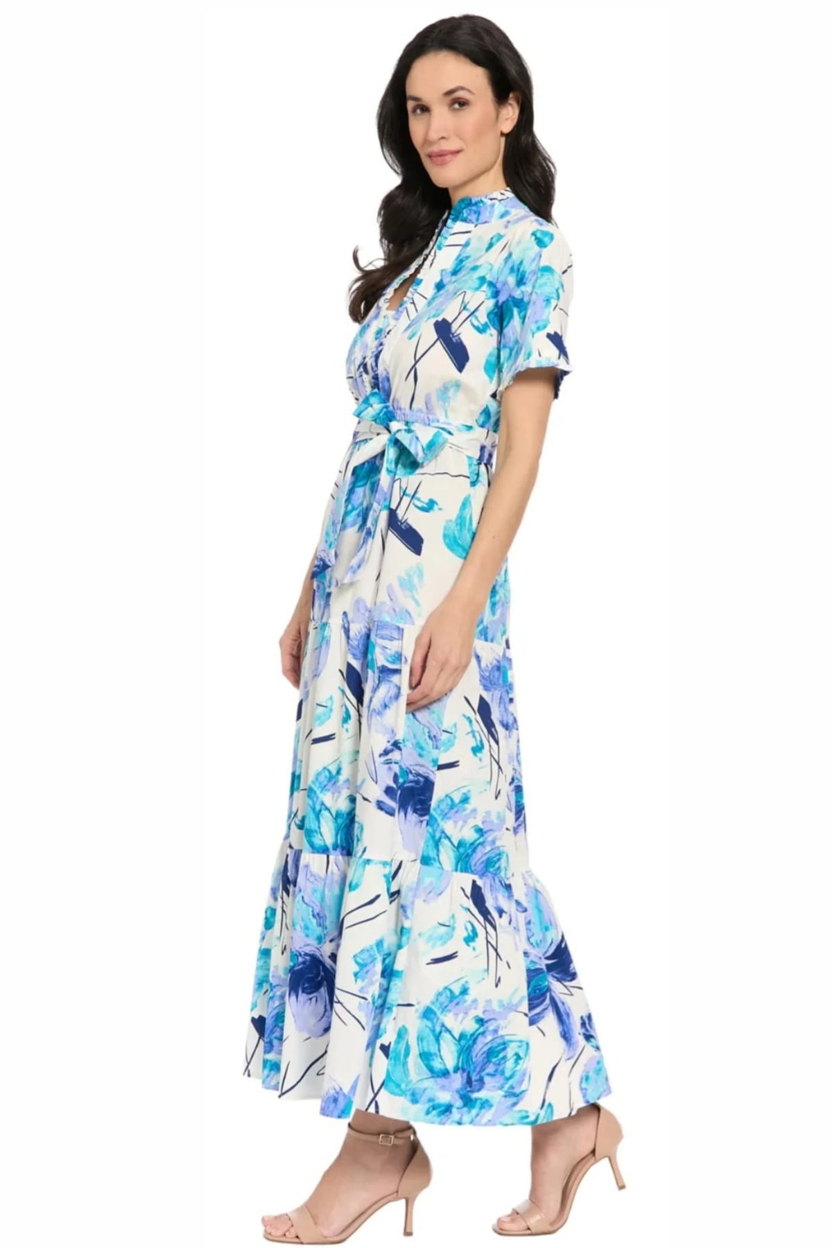 London Times Floral Ruffle-Neck Tiered Maxi Dress