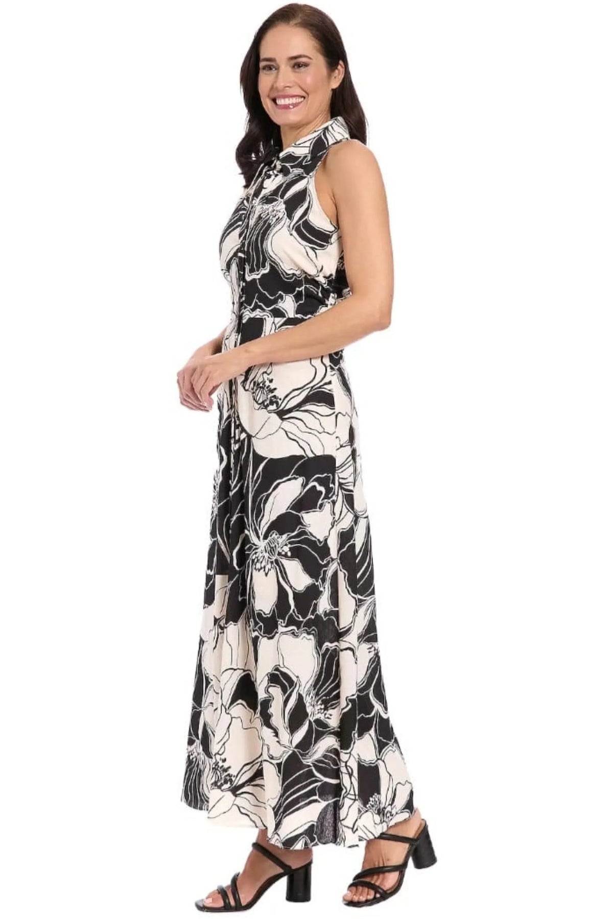 London Times Black & Beige Floral Flutter-Sleeve Midi Dress
