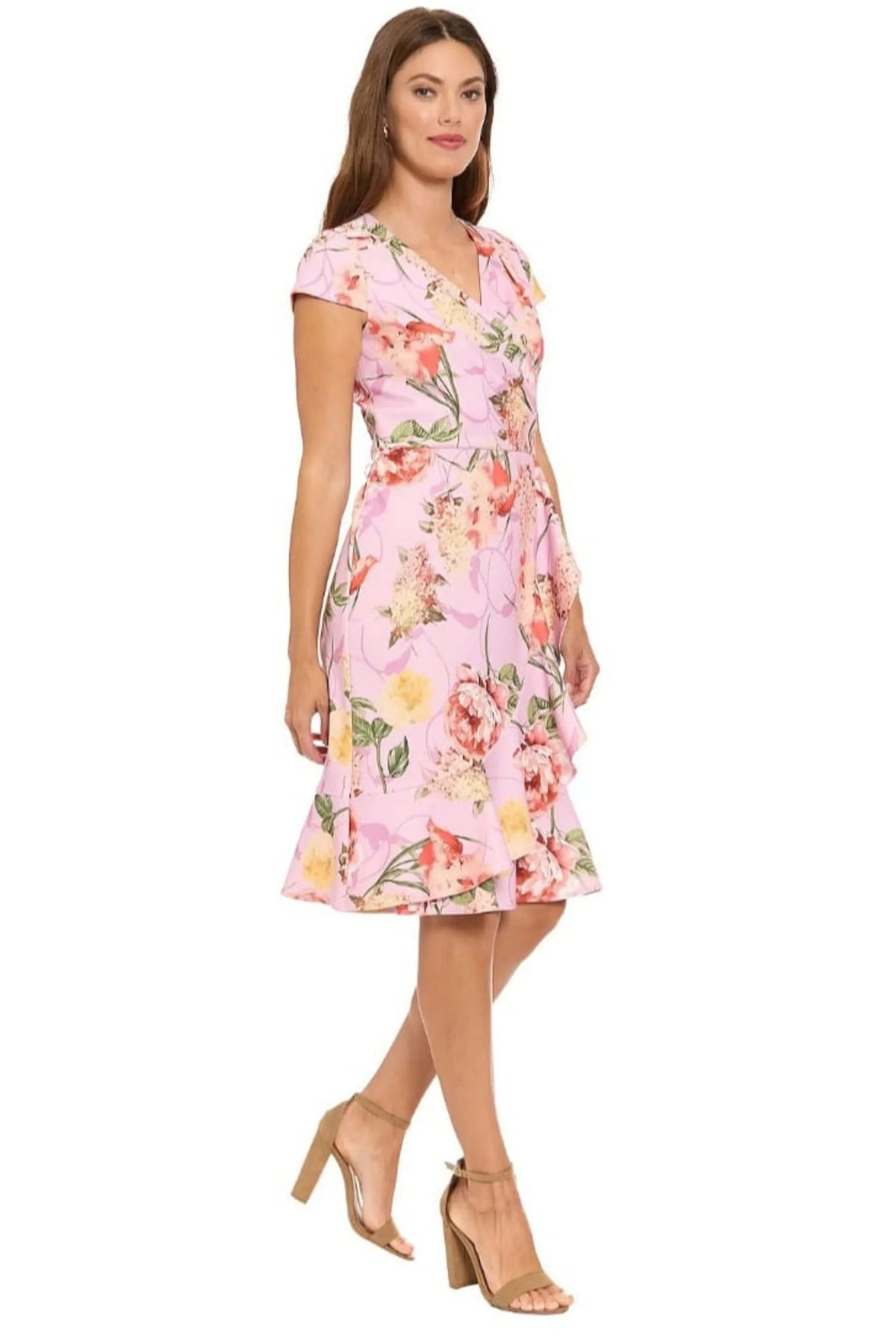 London Times Anne Cap-Sleeve Flounce-Hem Ruffle Wrap Dress