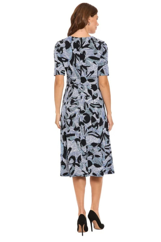 London Times Black and Blue Abstract Crewneck Midi Dress