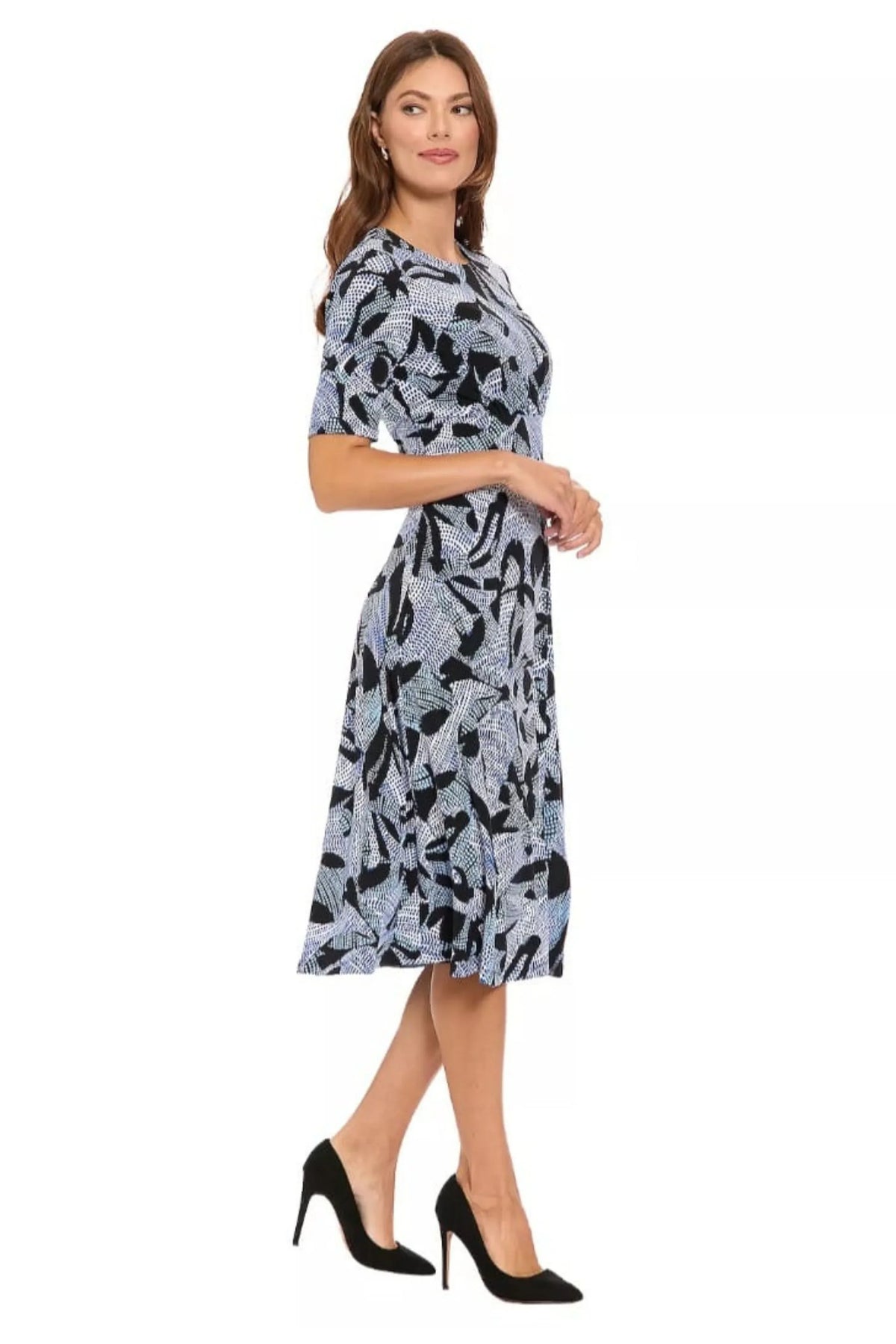 London Times Black and Blue Abstract Crewneck Midi Dress