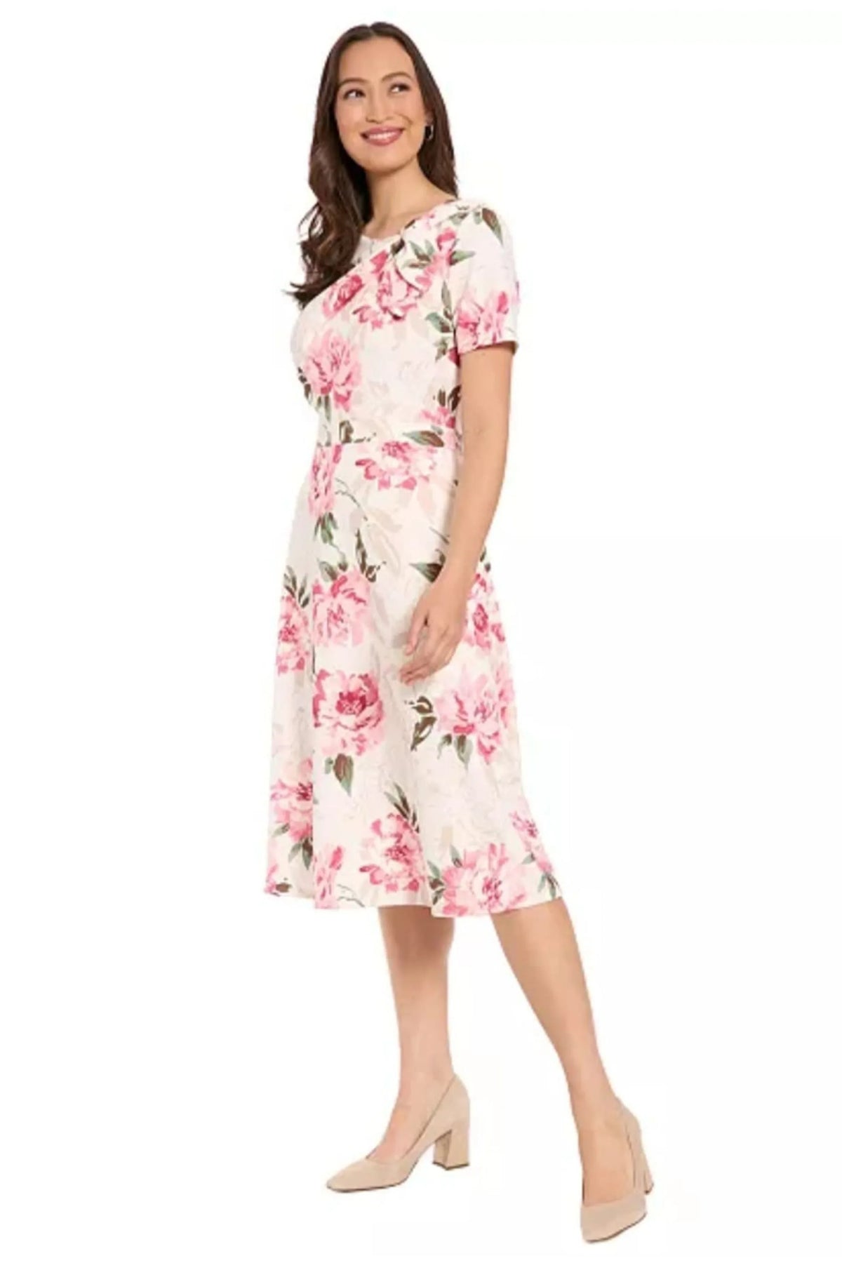 London Times Ivory Rose Tiered Midi Shirt-Dress