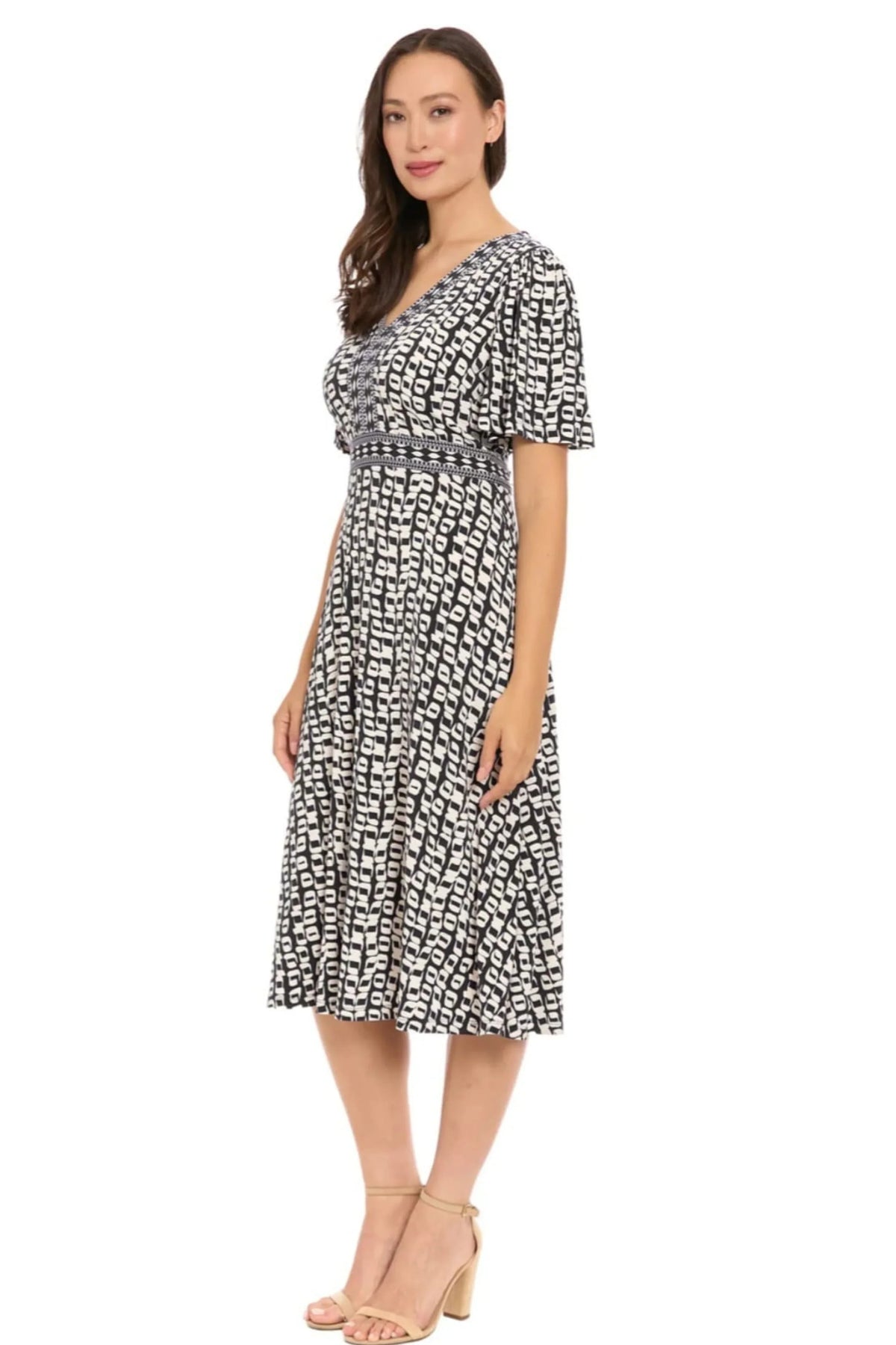 London Times Framed V-Neck Flutter-Sleeve Flare Dress