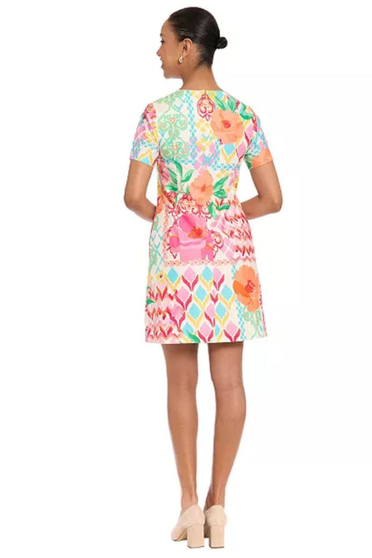 London Times White & Pink Floral V-Neck Pleated Midi Dress