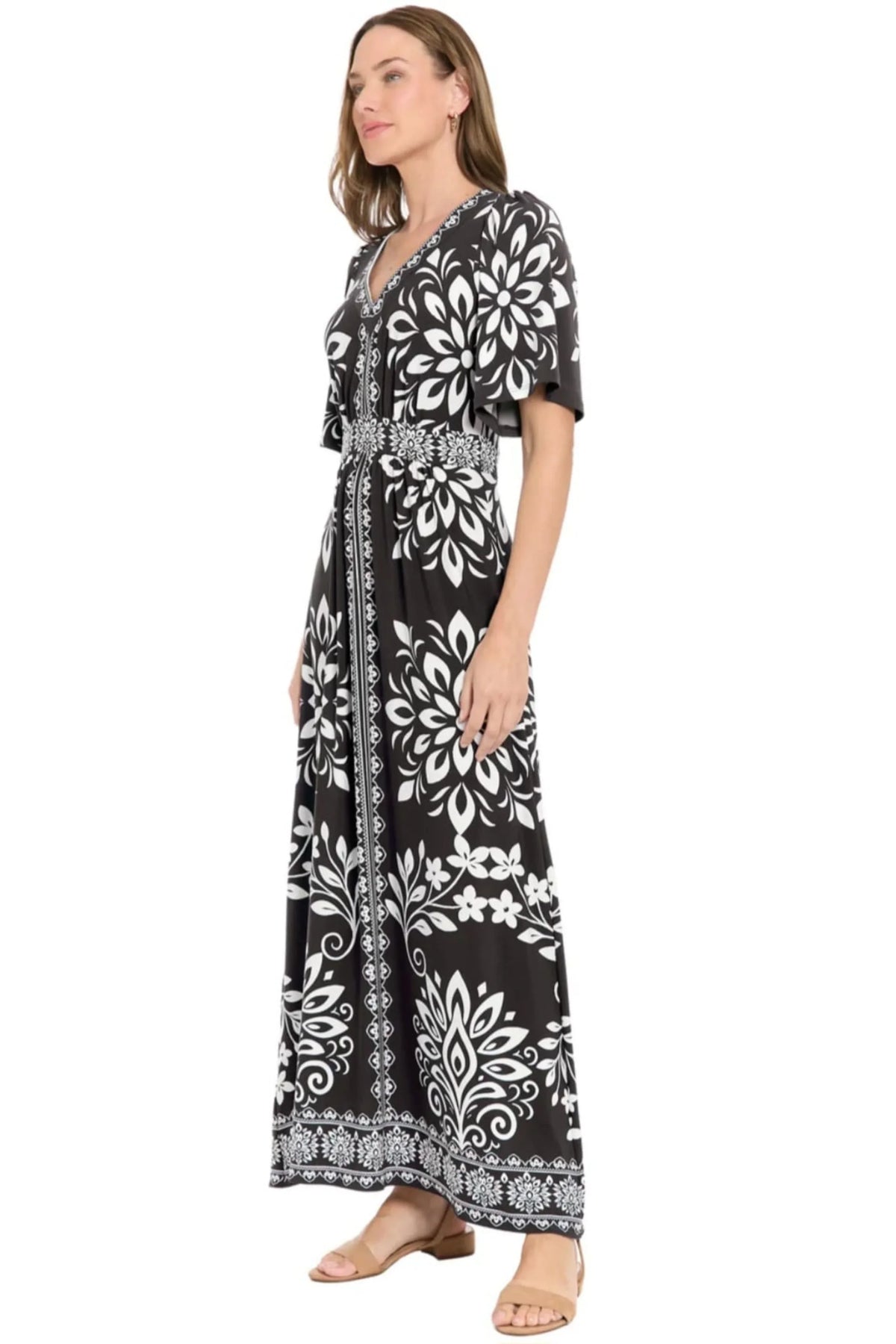 London Times Black & White Floral Tile Maxi Dress