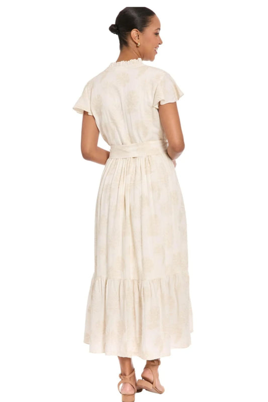 London Times Ivory Tan Linen-Blend Floral Ruffle Midi Dress