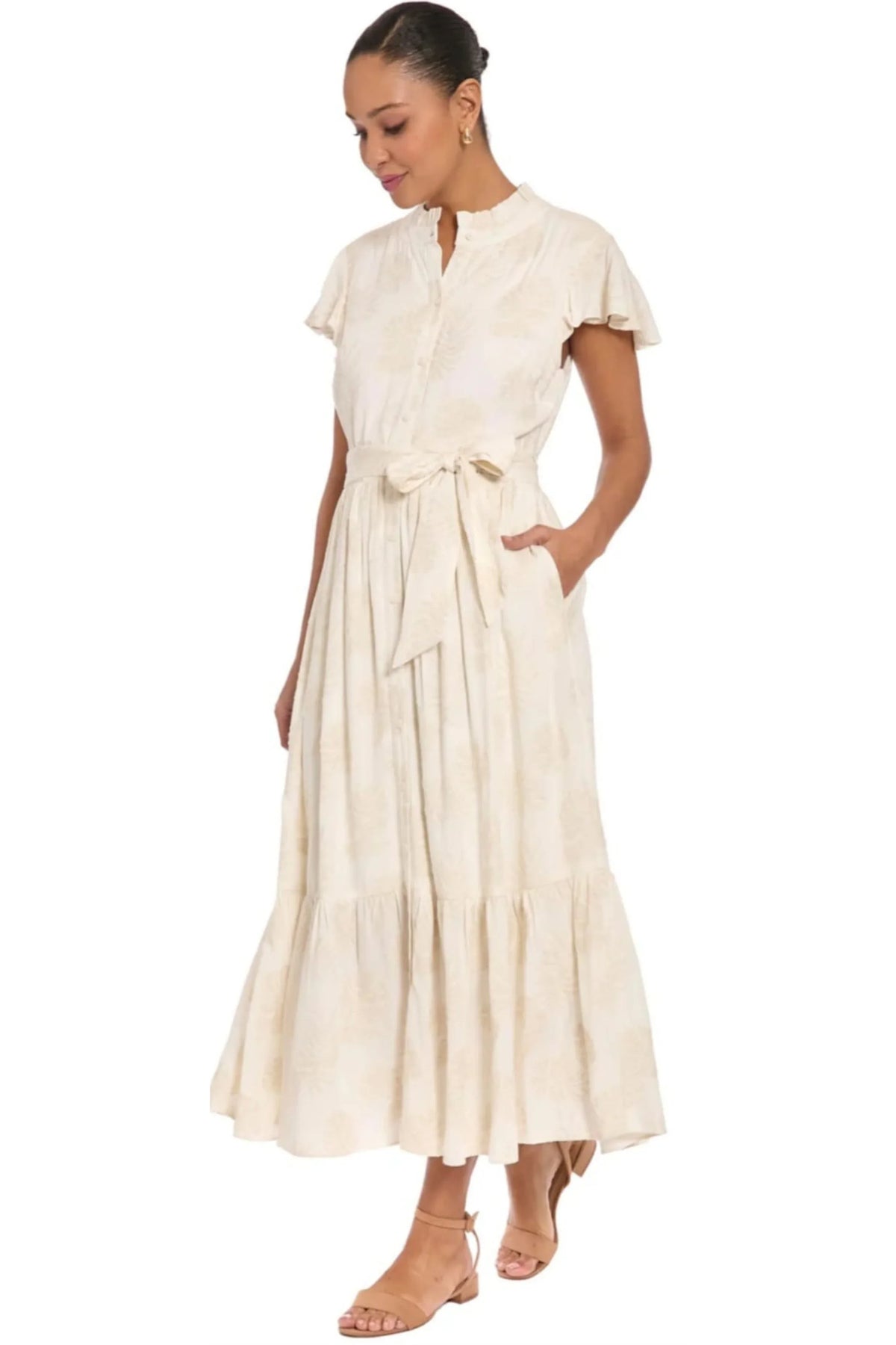 London Times Ivory Tan Linen-Blend Floral Ruffle Midi Dress