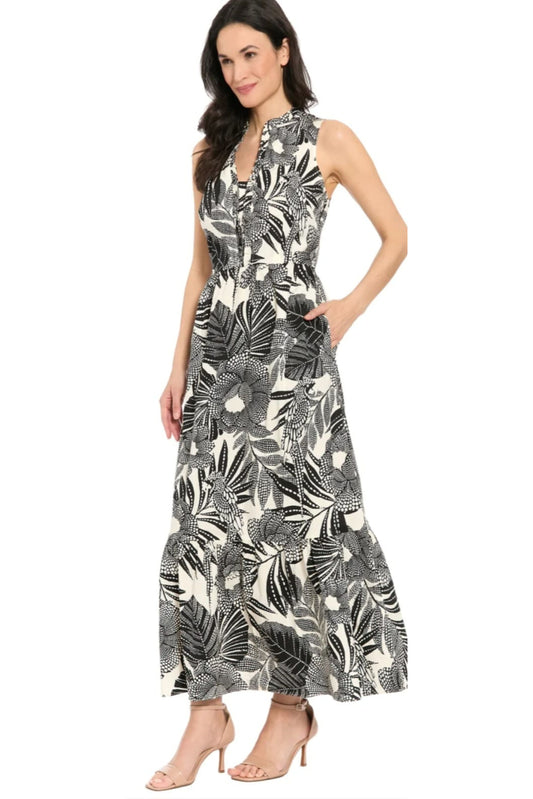 London Times Black and White Tropical Floral Halter Maxi Dress