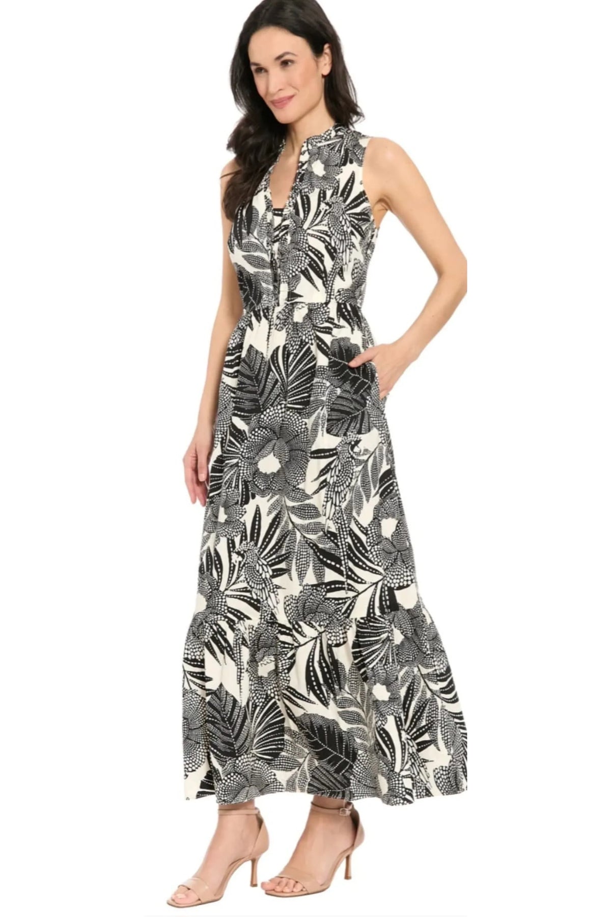 London Times Black and White Tropical Floral Halter Maxi Dress