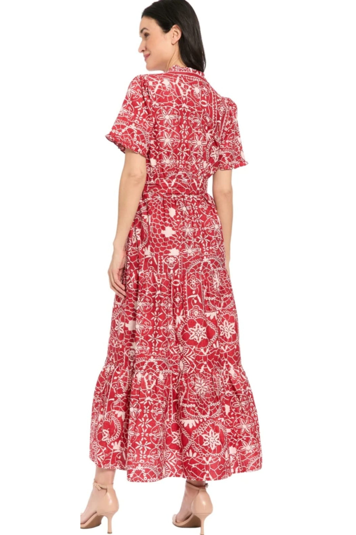 London Times Printed Flutter-Sleeve Maxi Dress