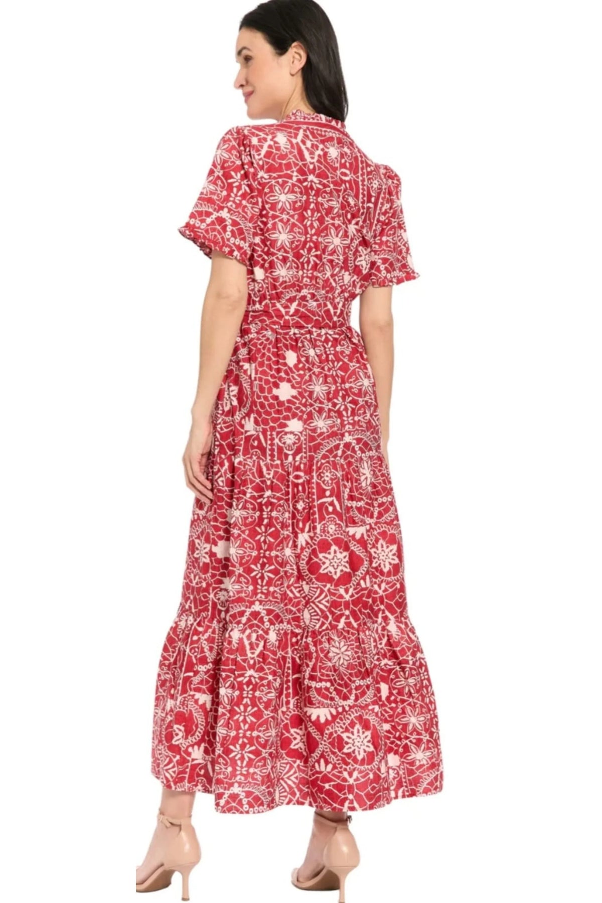 London Times Printed Flutter-Sleeve Maxi Dress