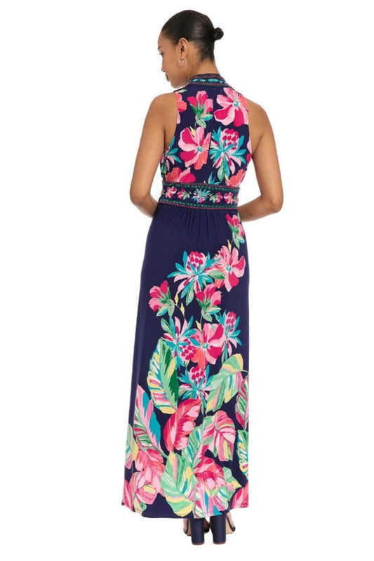 London Times Navy Pink Tropical Border-Print Maxi Dress