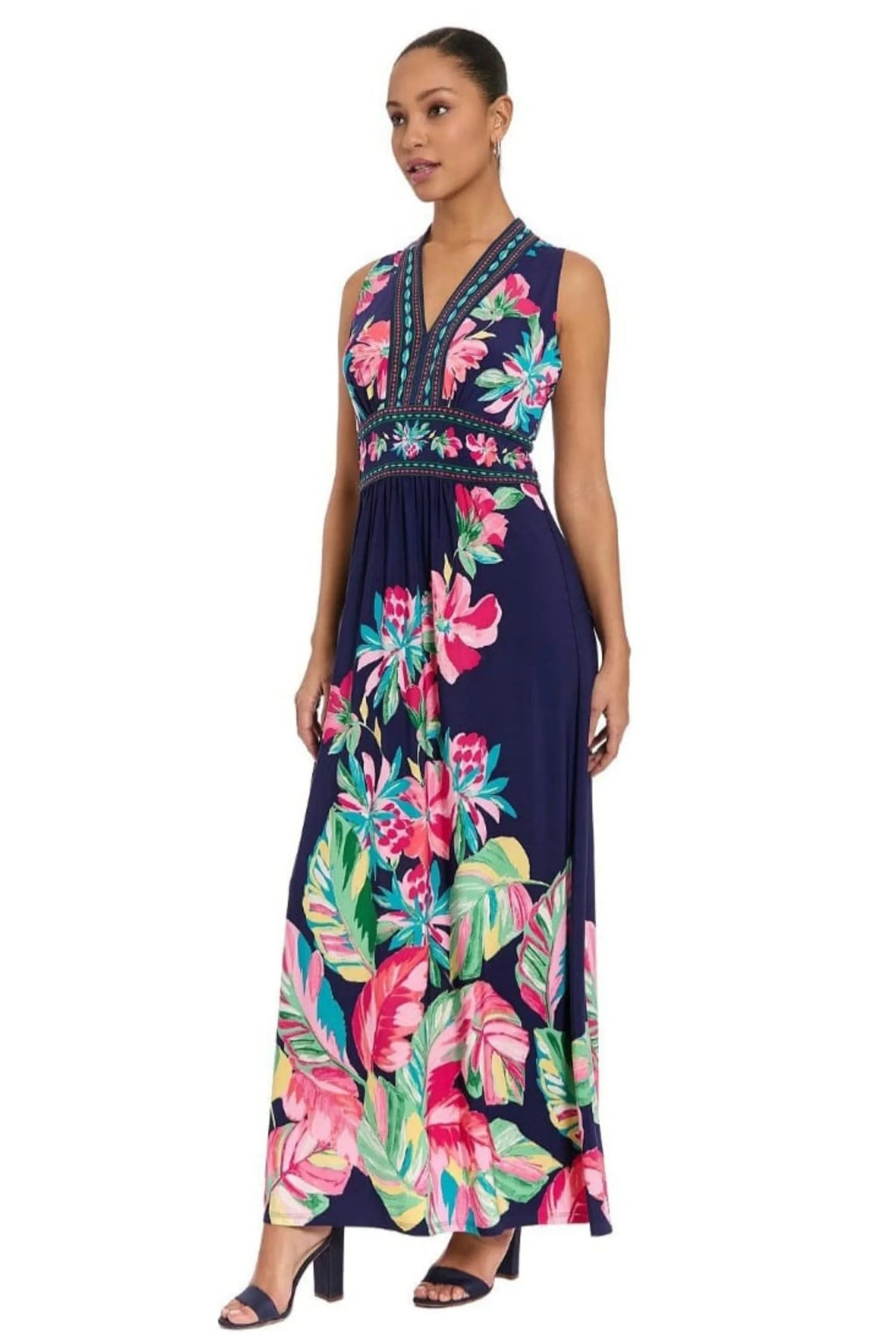 London Times Navy Pink Tropical Border-Print Maxi Dress