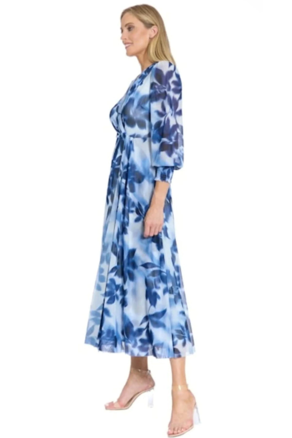 London Times Light Blue Floral Watercolor Midi Dress