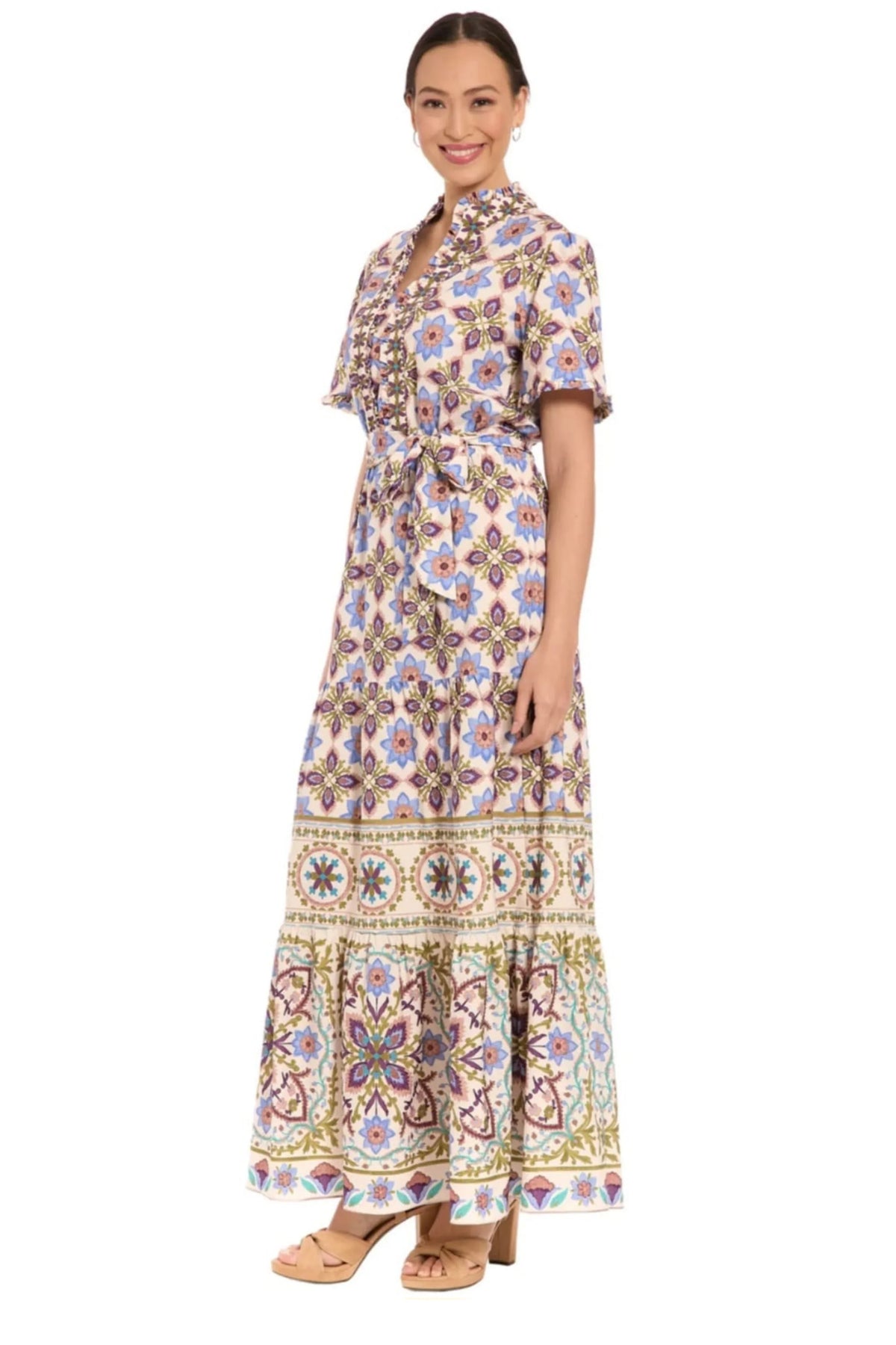 London Times Cream Lavender Geometric Tile Print Maxi Dress