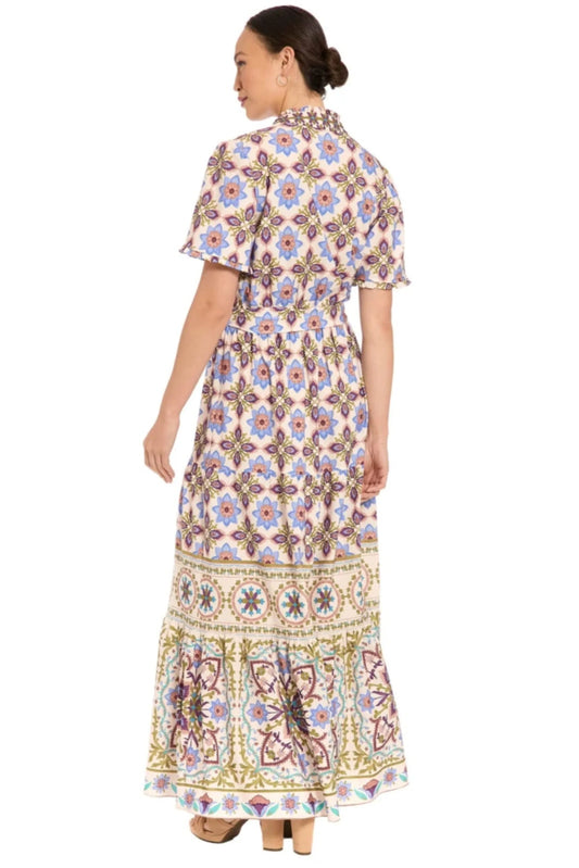 London Times Cream Lavender Geometric Tile Print Maxi Dress