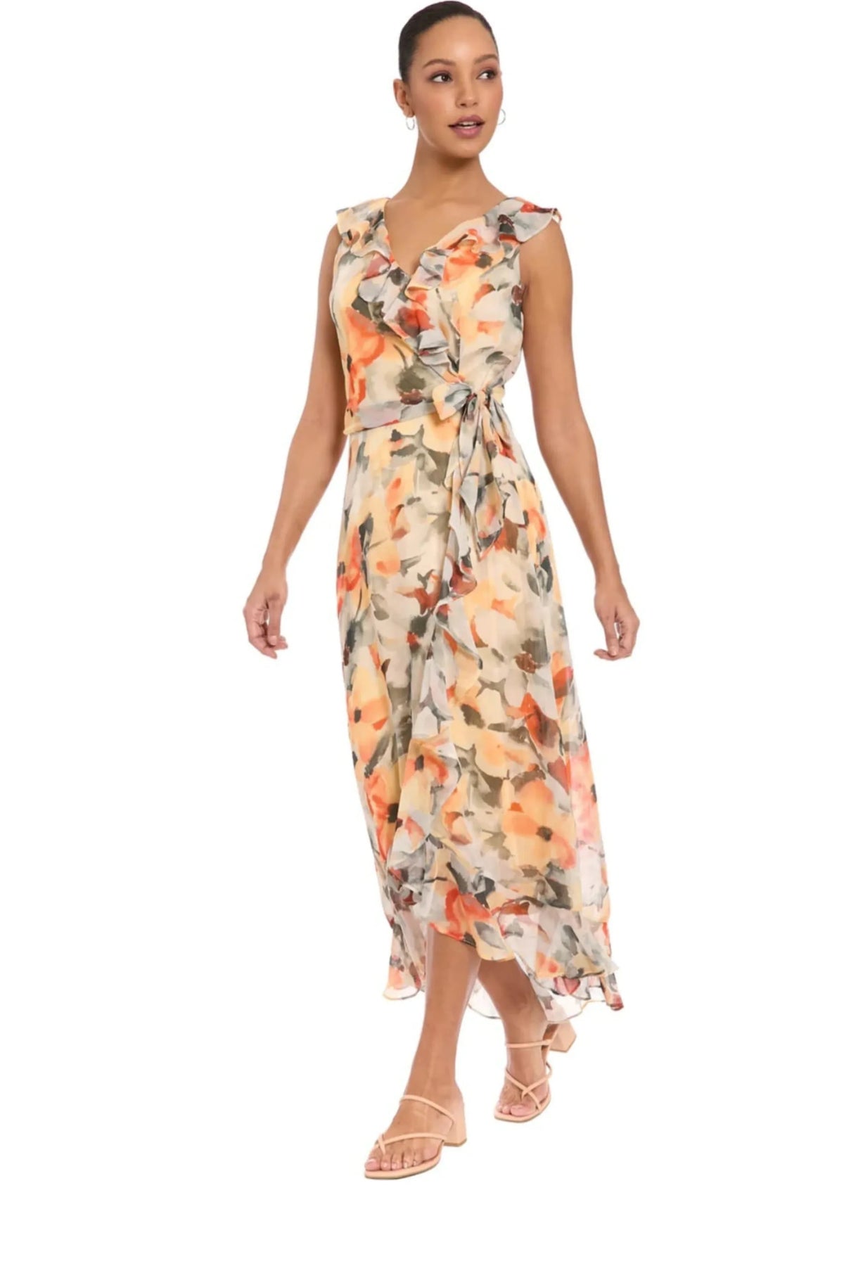 London Times Floral Ruffle V-Neck High-Low Midi Dress