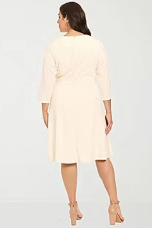 London Times Sugar Ivory 3/4 Sleeve A-Line Midi Dress
