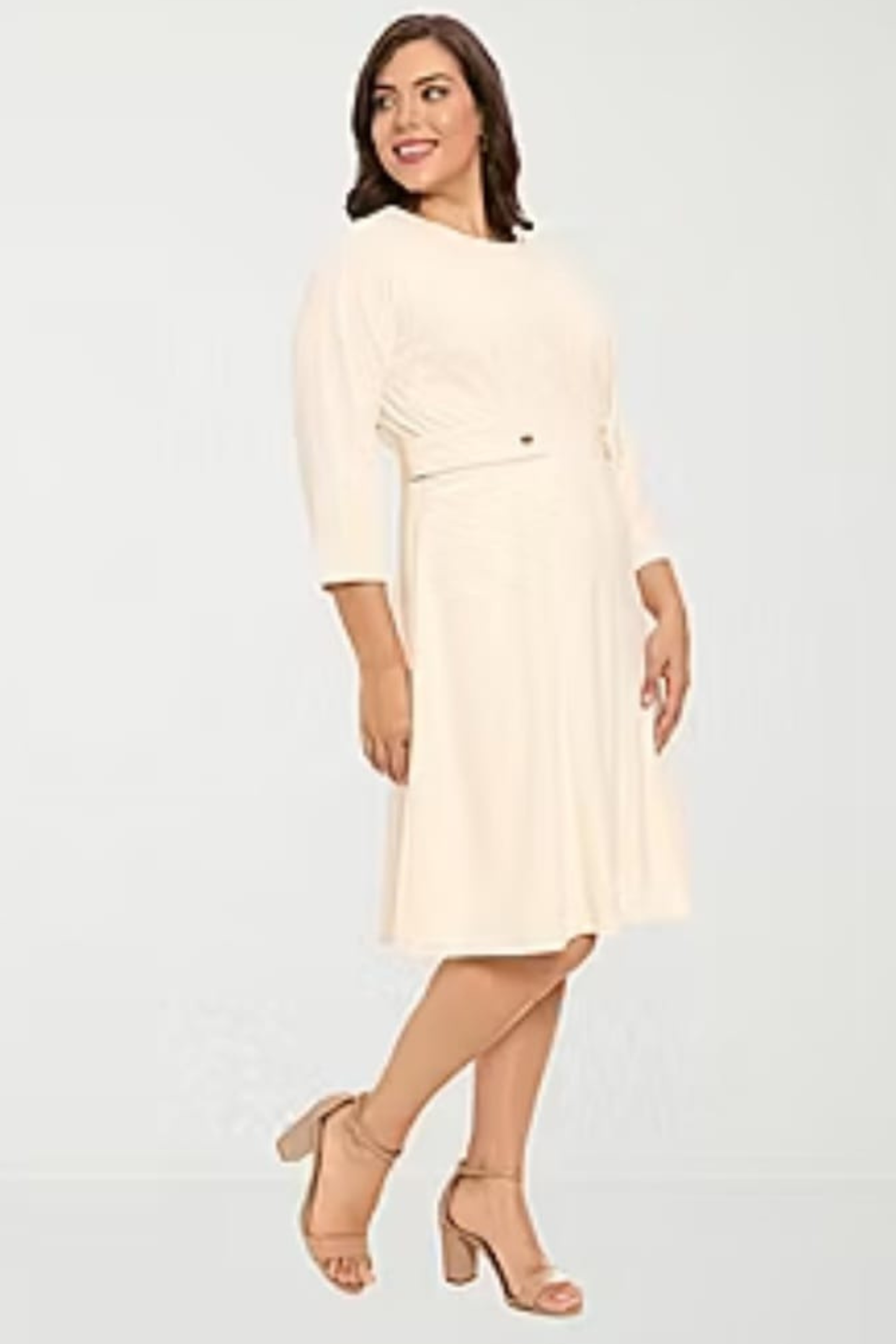 London Times Sugar Ivory 3/4 Sleeve A-Line Midi Dress