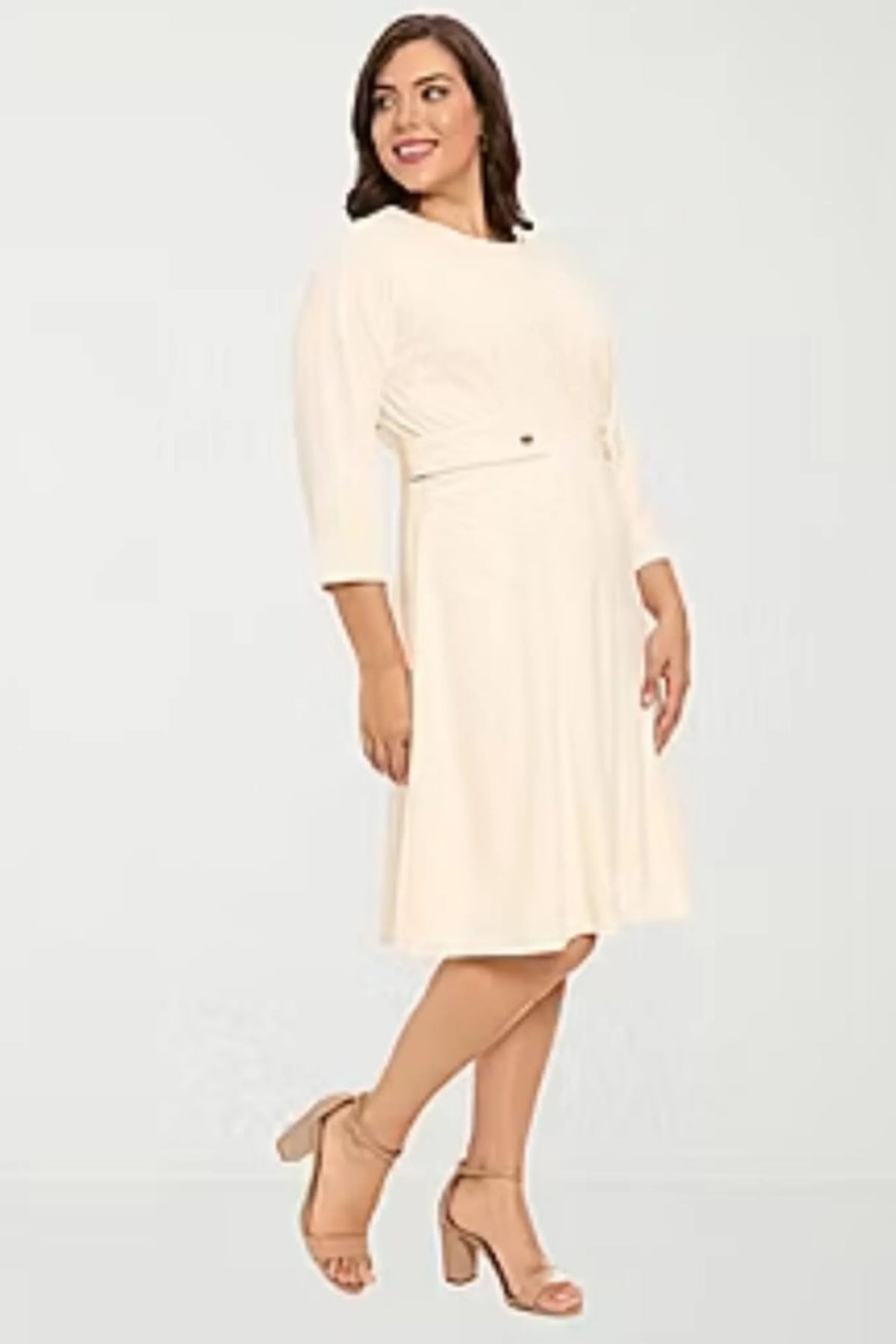 London Times Sugar Ivory 3/4 Sleeve A-Line Midi Dress
