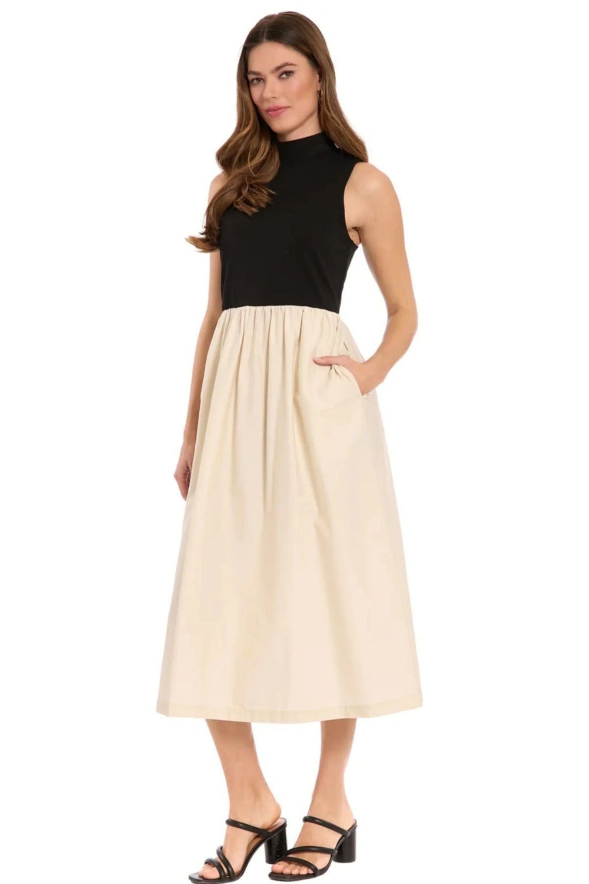 London Times Cream and Black Two-Tone Sleeveless Midi Dress