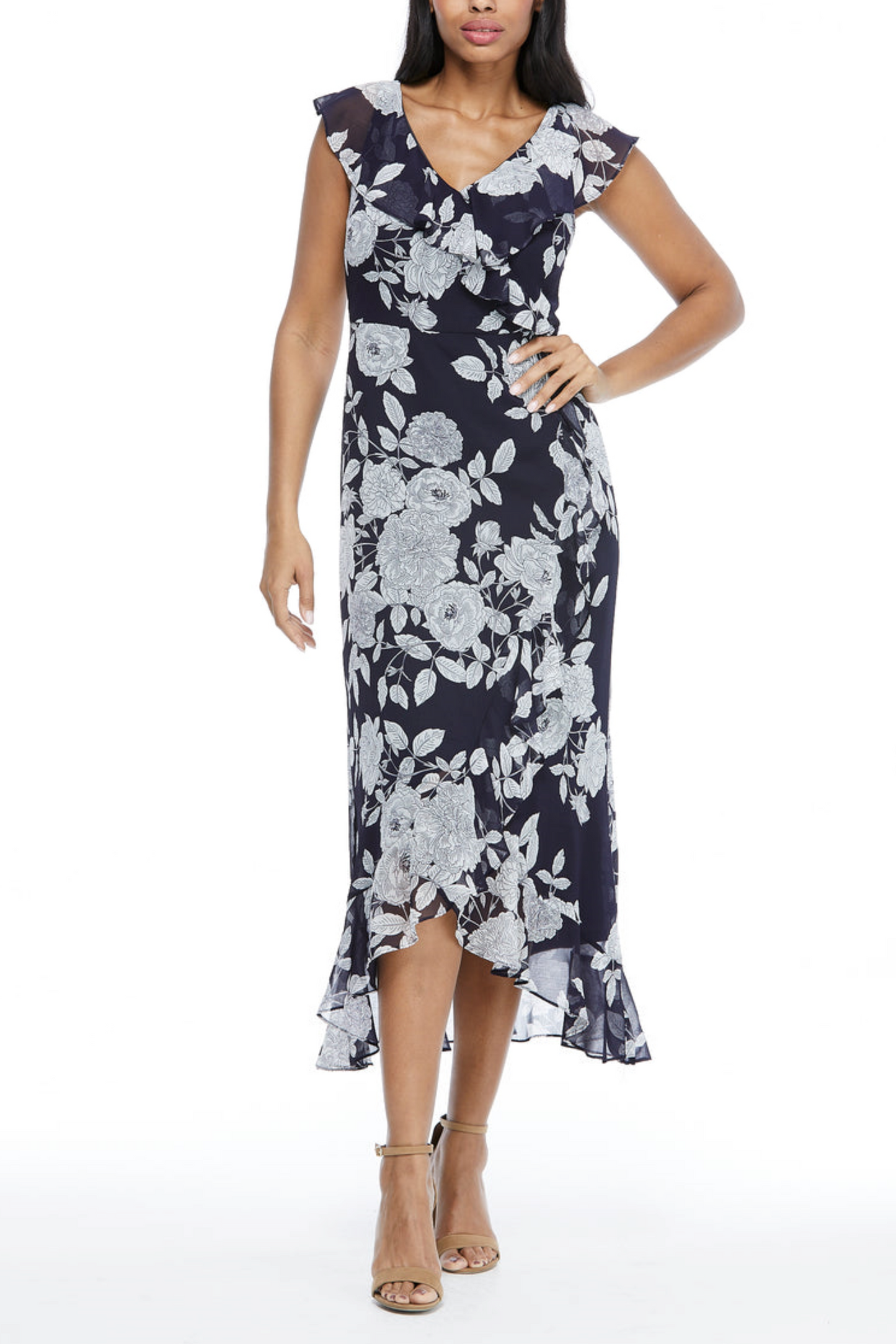 London Times Floral Print Ruffle Detail Maxi Dress
