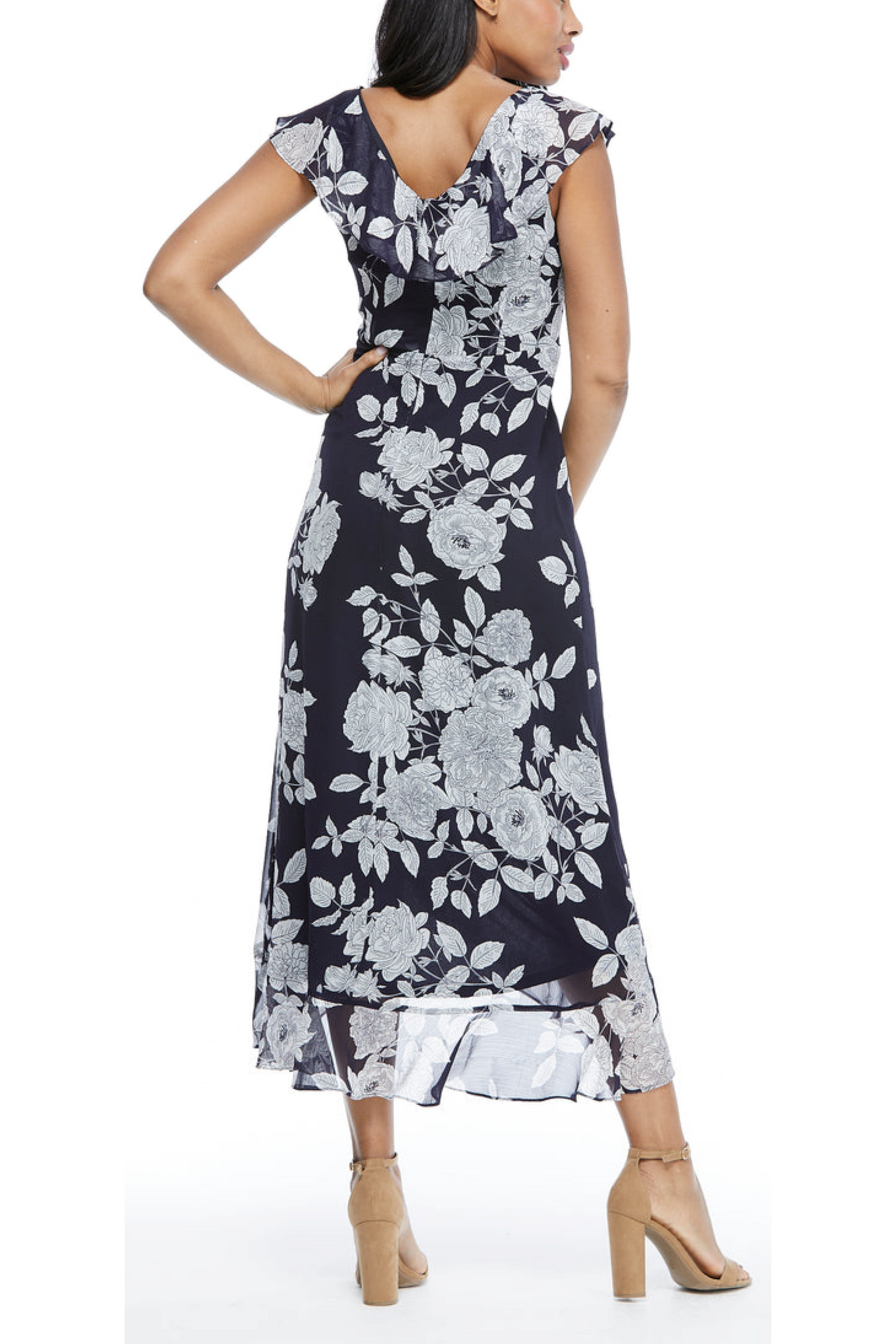 London Times Floral Print Ruffle Detail Maxi Dress