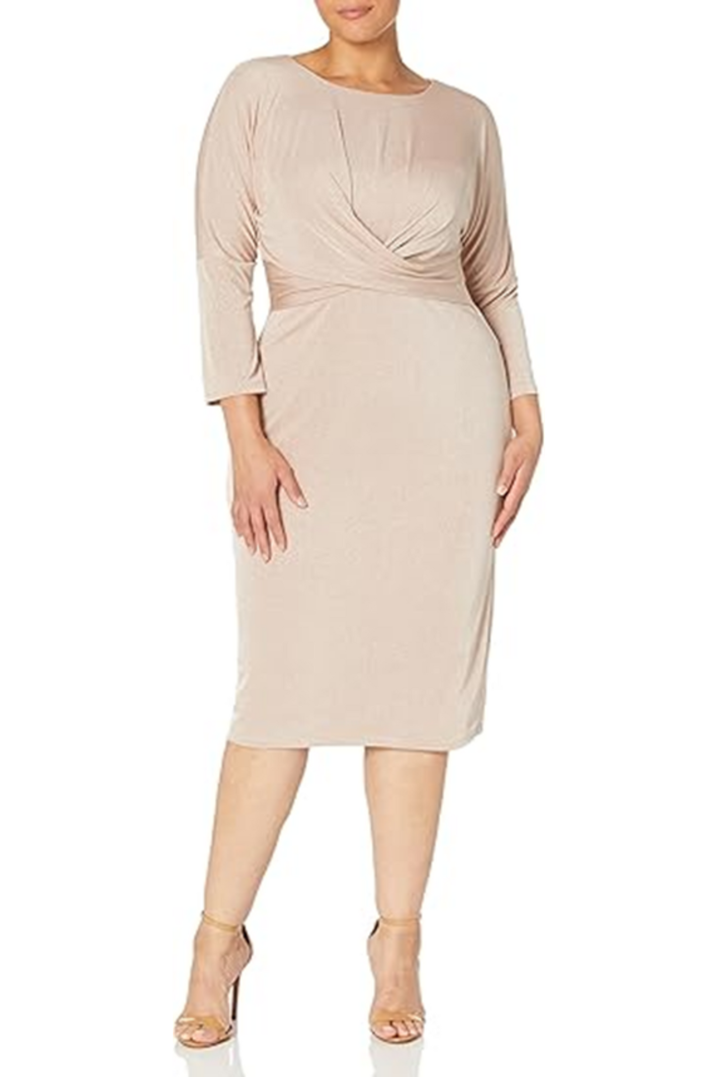 London Times 3/4 Sleeve Shimmer Sheath Midi Dress