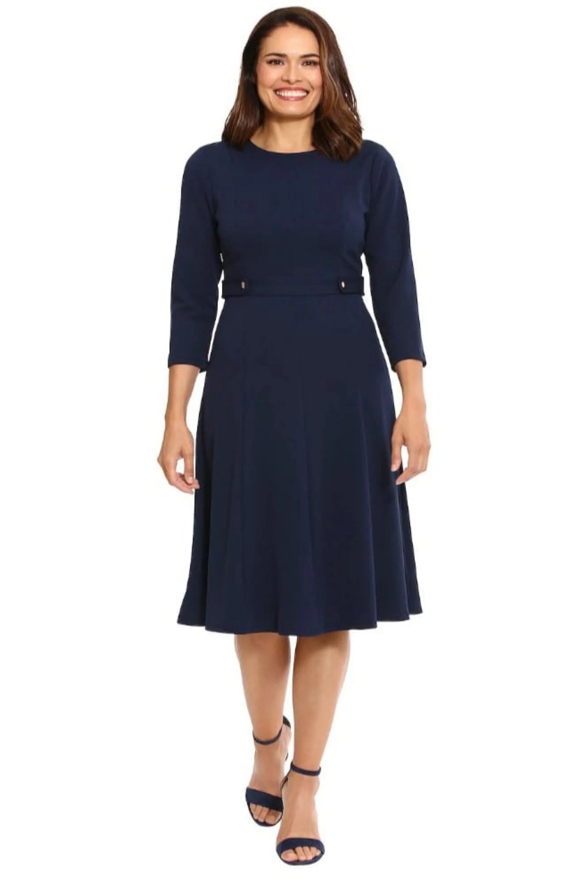 London Times 3/4 Sleeve Button-Waist A-Line Dress