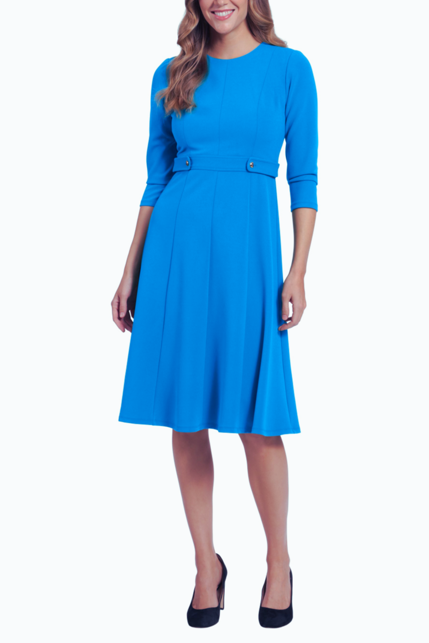 London Times 3/4 Sleeve Button-Waist A-Line Dress