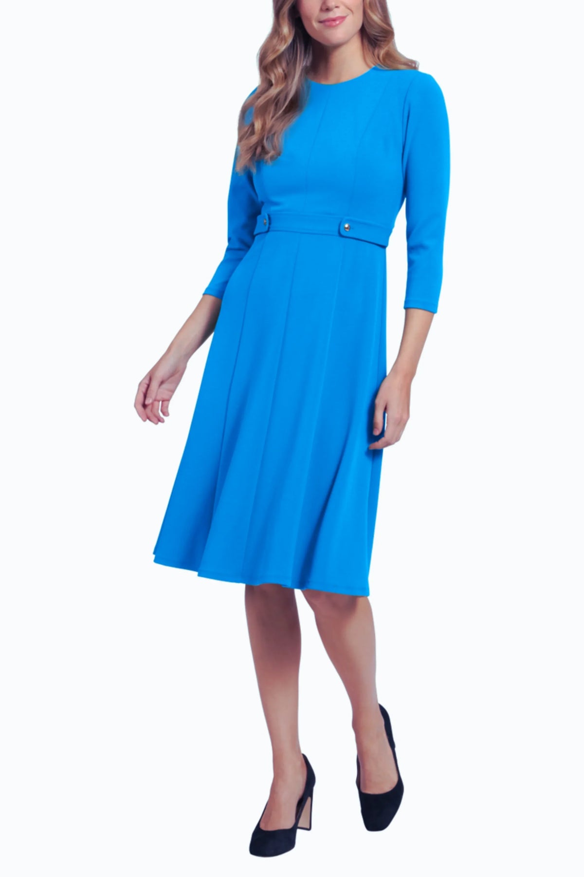 London Times 3/4 Sleeve Button-Waist A-Line Dress