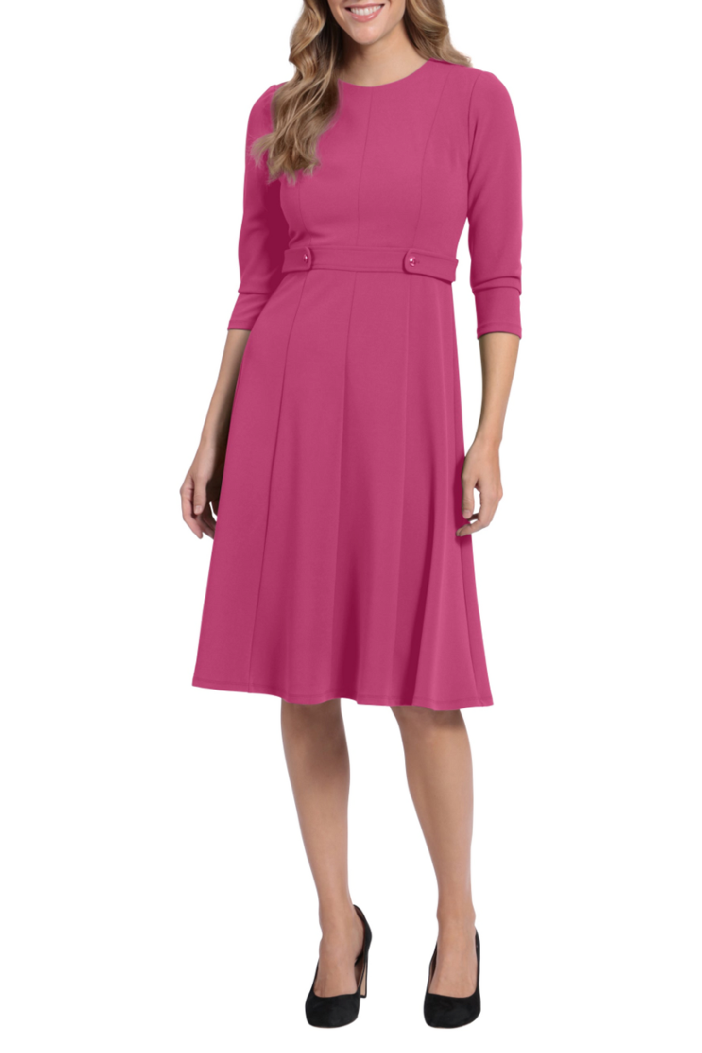 London Times 3/4 Sleeve Button-Waist A-Line Dress