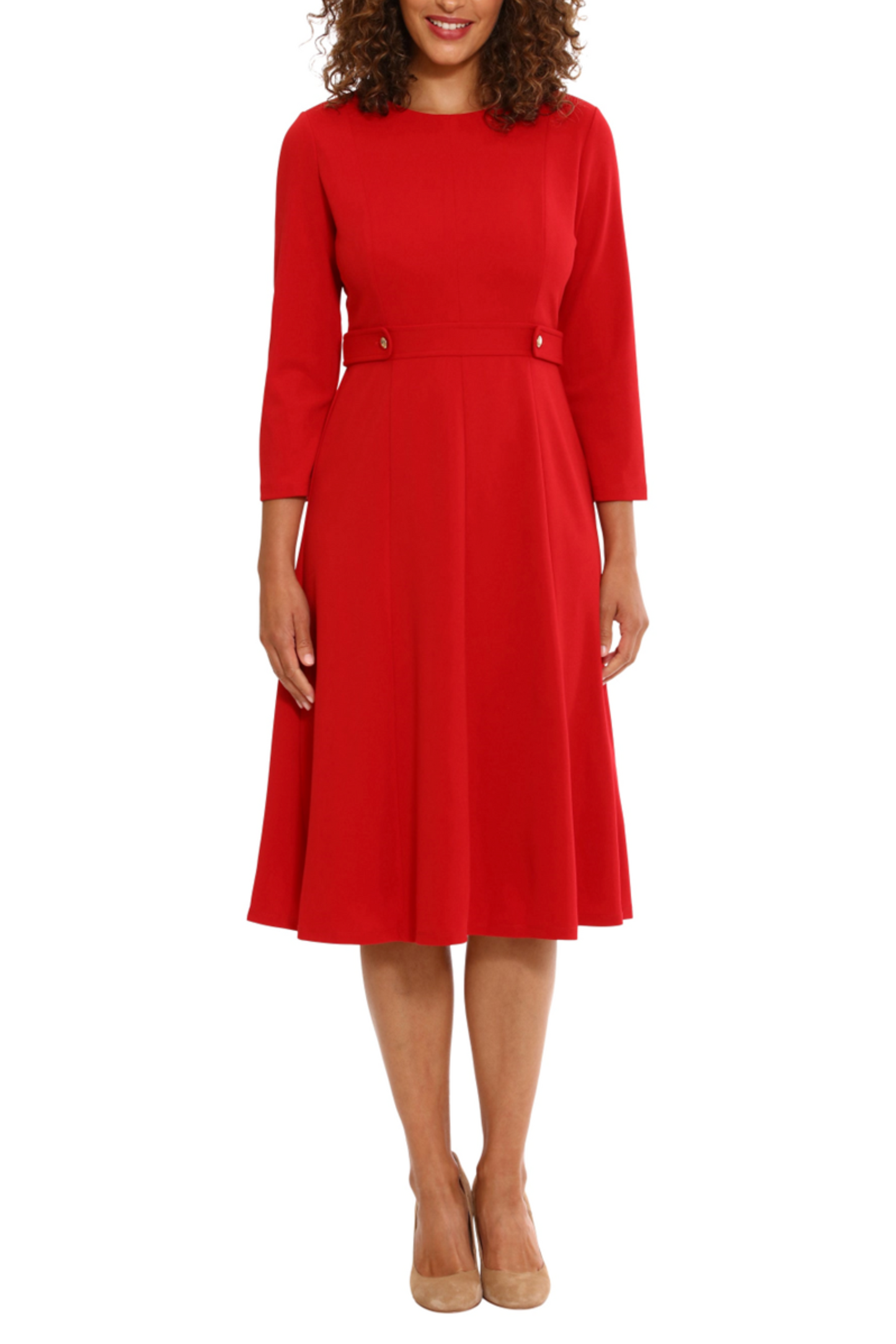 London Times 3/4 Sleeve Button-Waist A-Line Dress