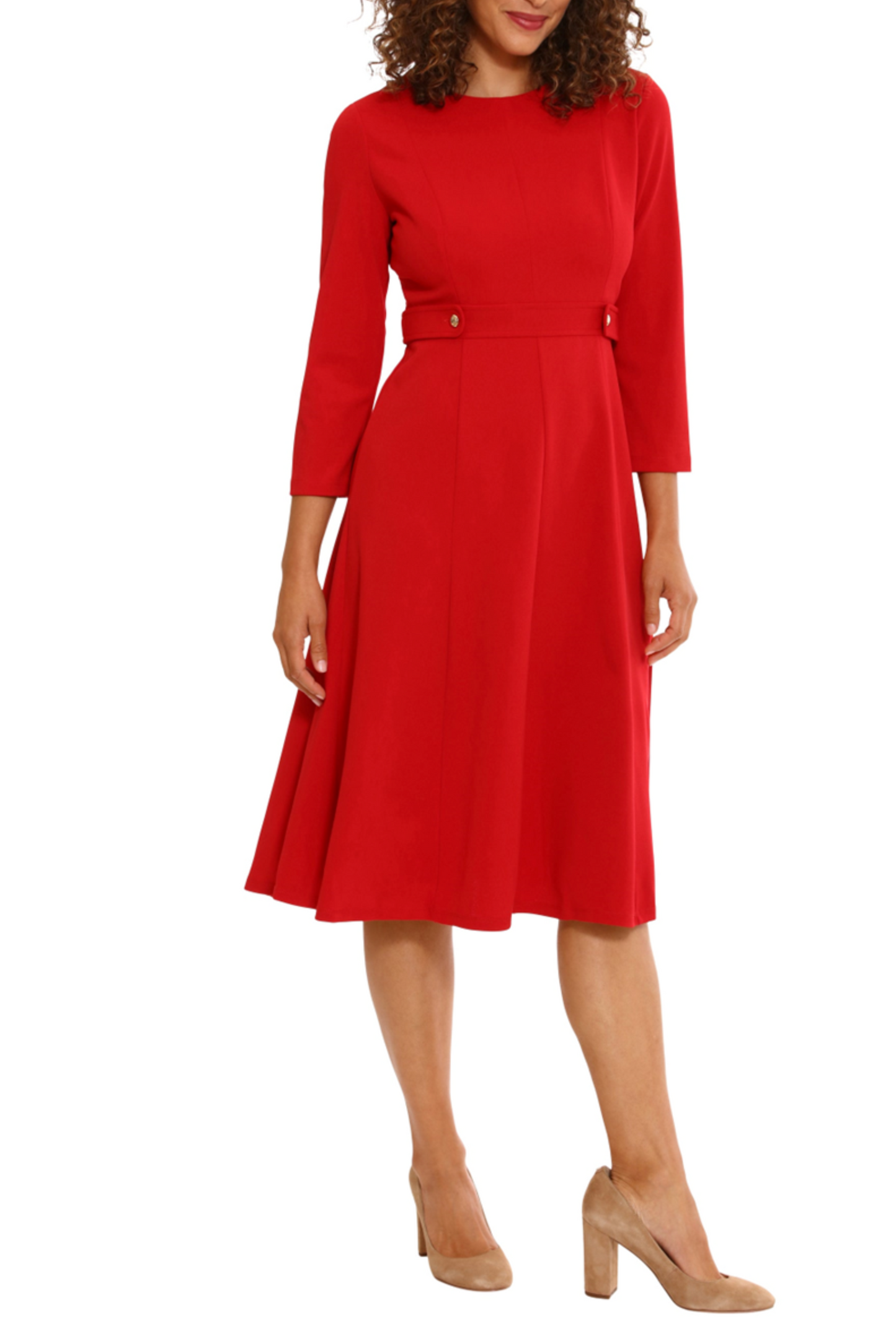 London Times 3/4 Sleeve Button-Waist A-Line Dress