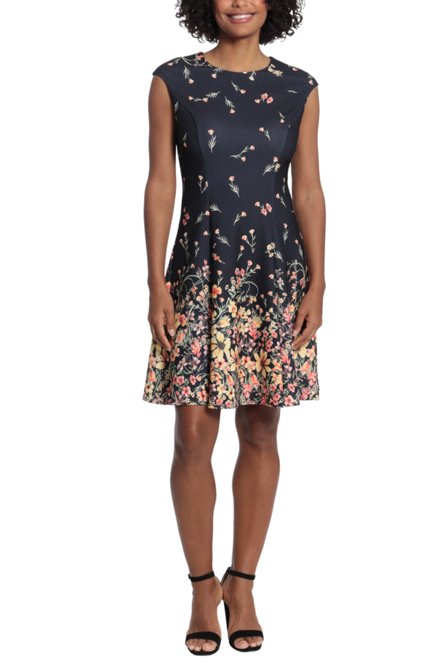 London Times Floral Cap Sleeve A-Line Dress