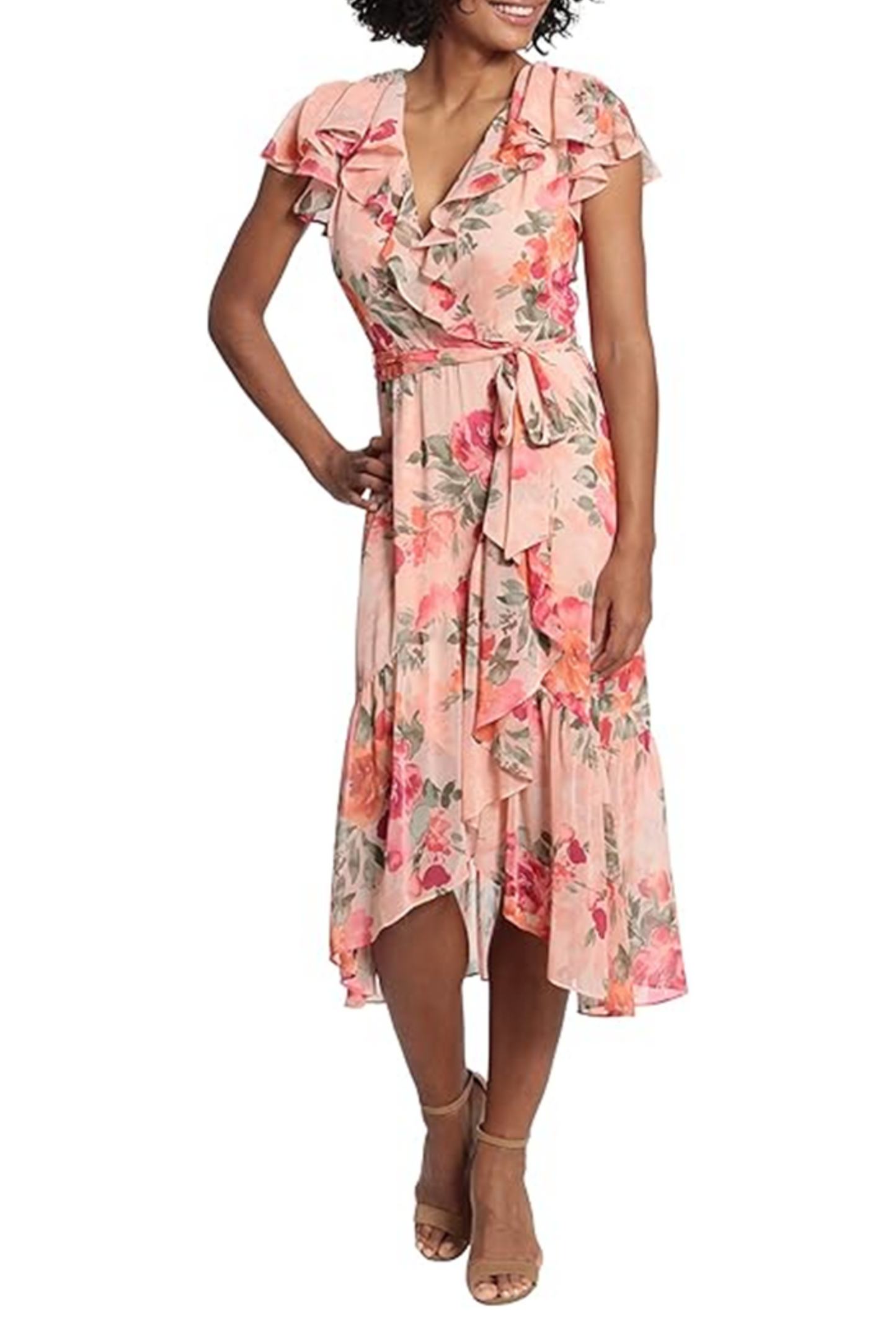London Times Flutter Detail Floral Faux Wrap Dress