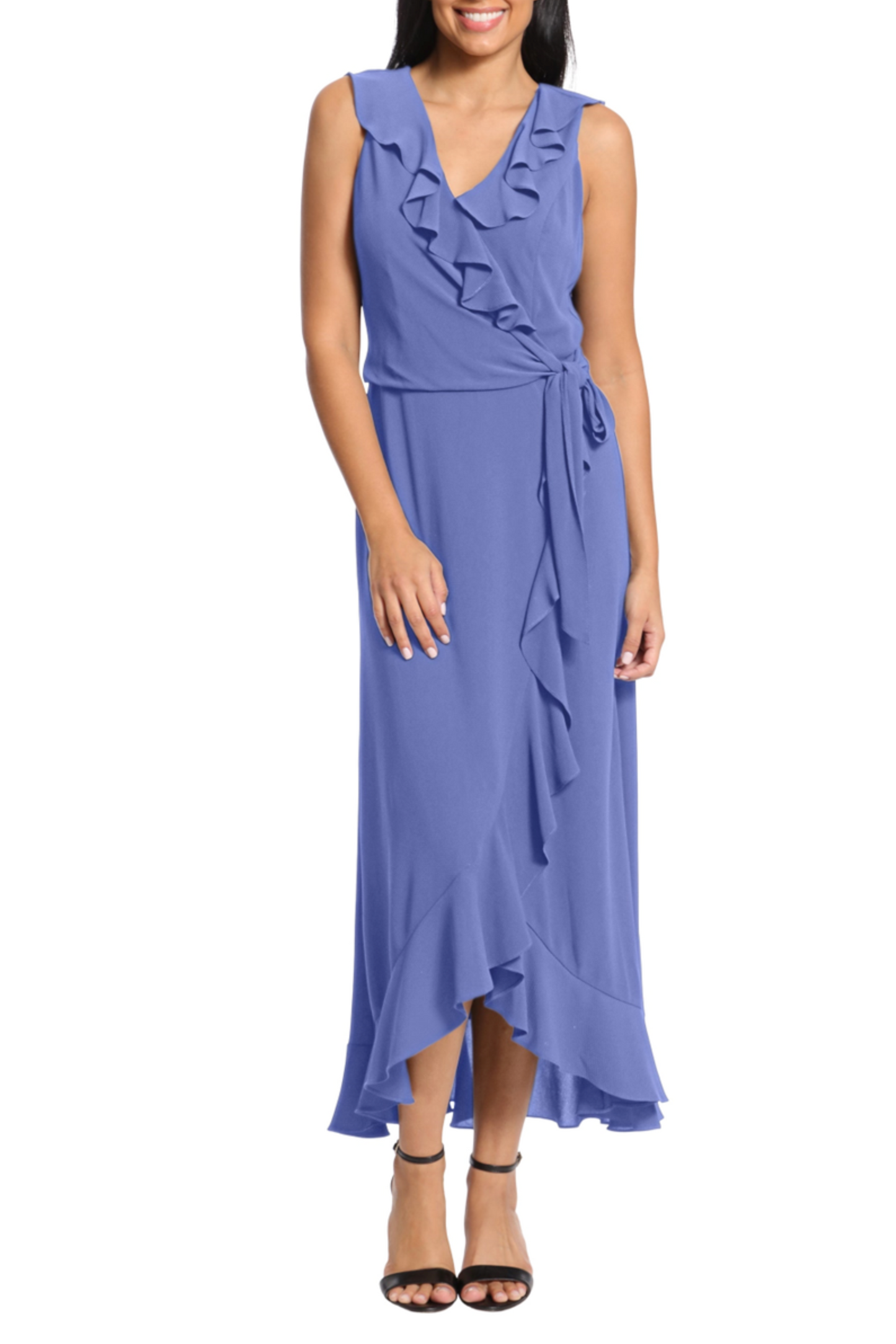 London Times Sleeveless Faux-Wrap Maxi Dress