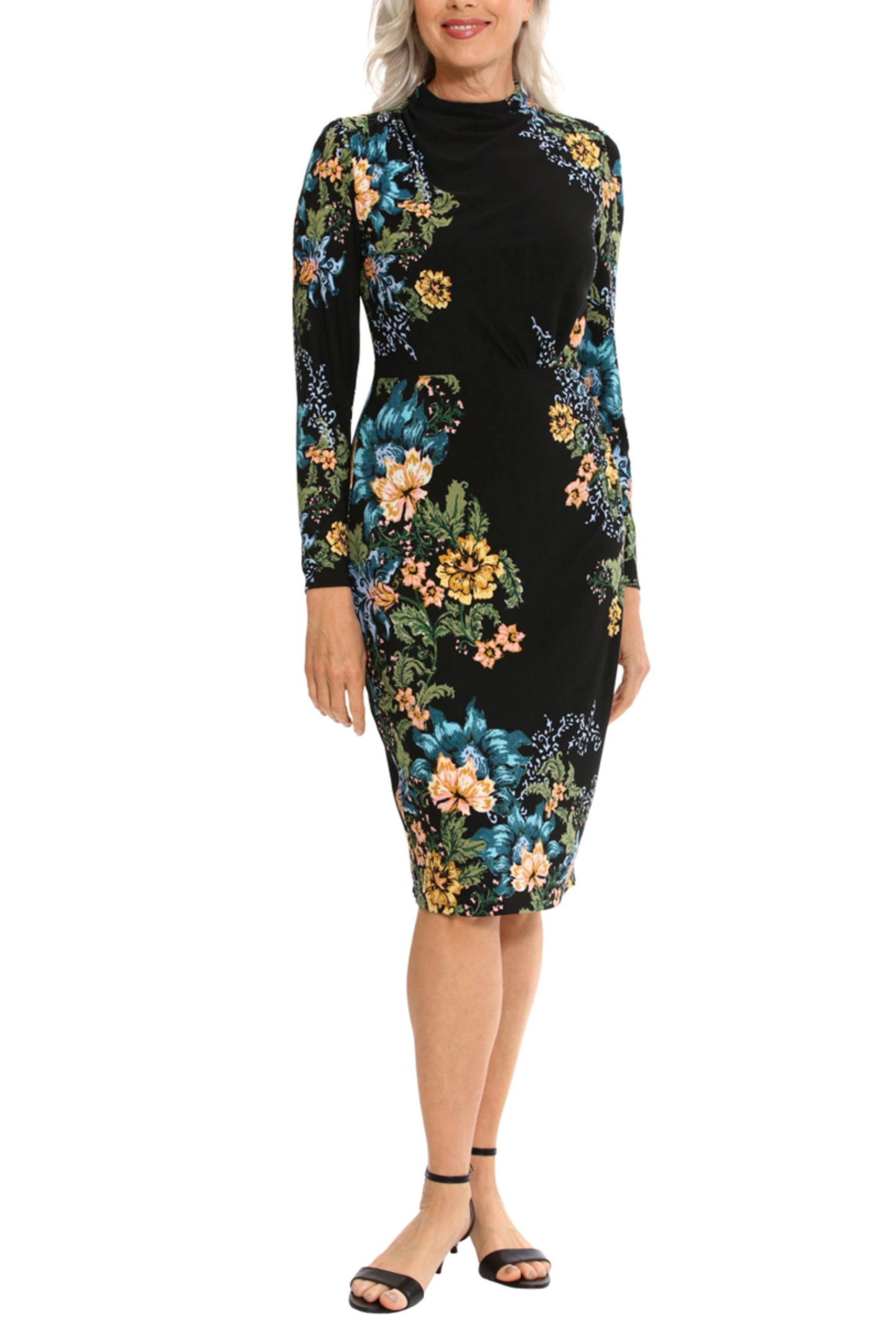 London Times Floral Print Mock Neck Midi Dress