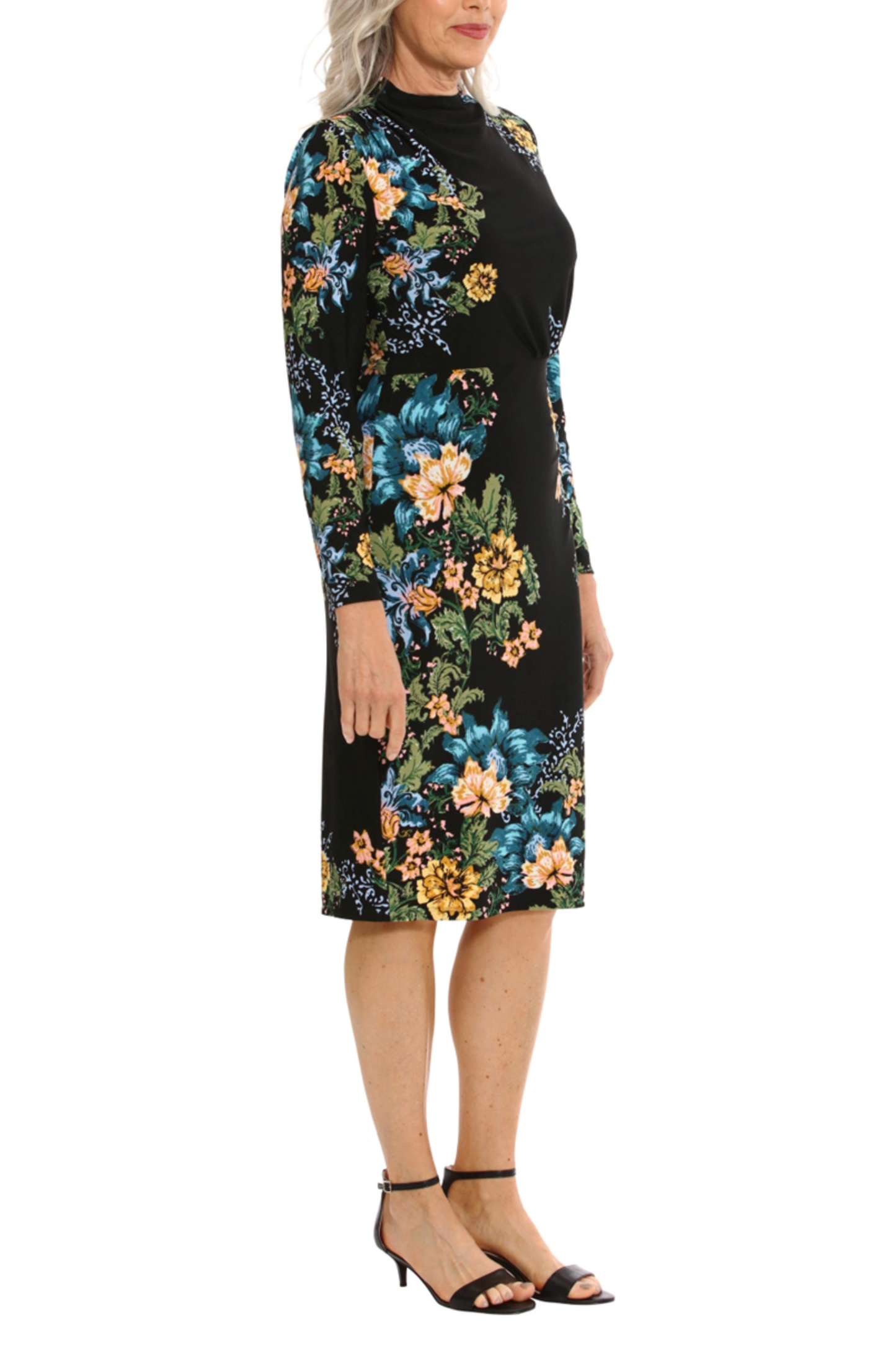 London Times Floral Print Mock Neck Midi Dress
