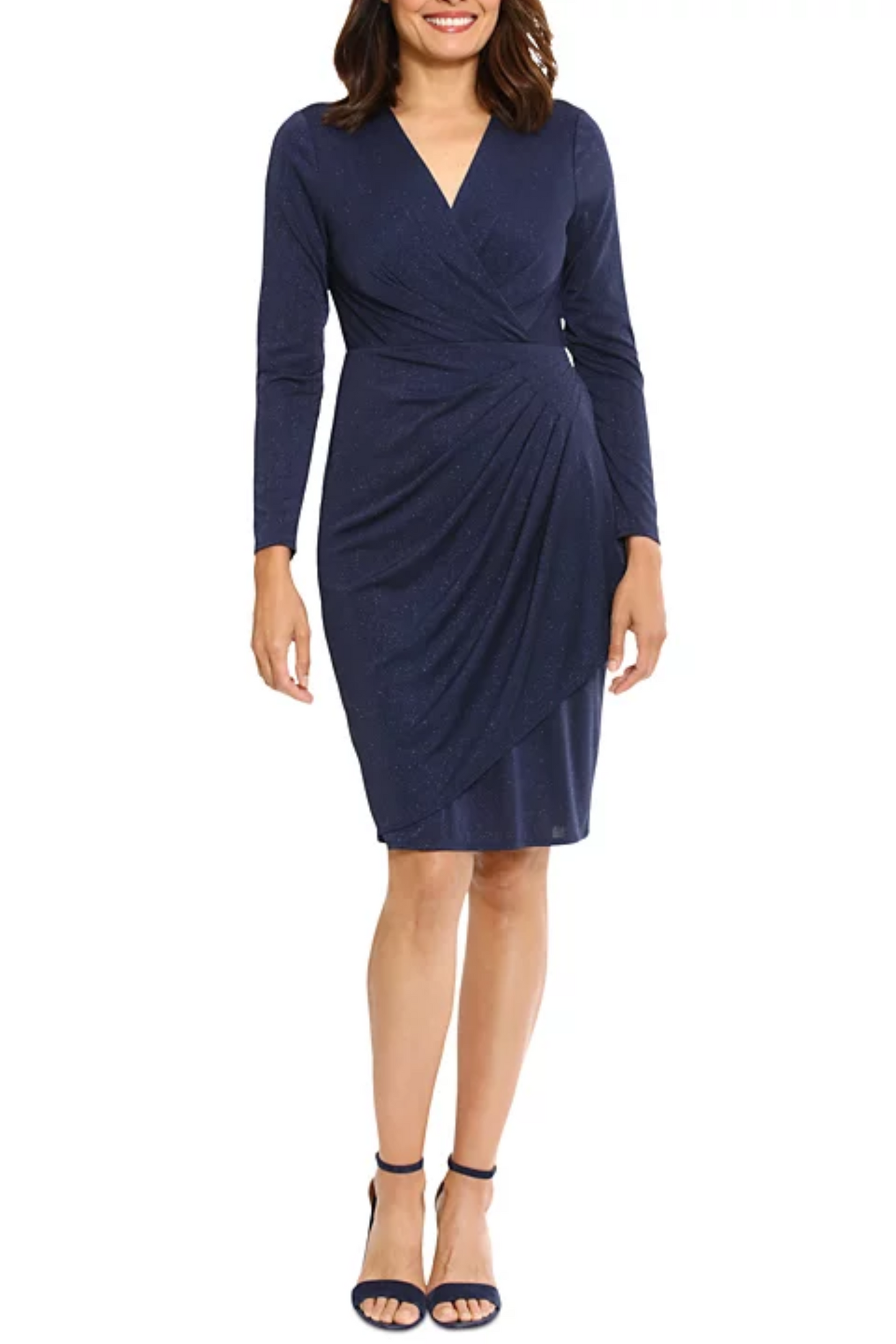 London Times Shimmer Pleated Waist Faux Wrap Dress