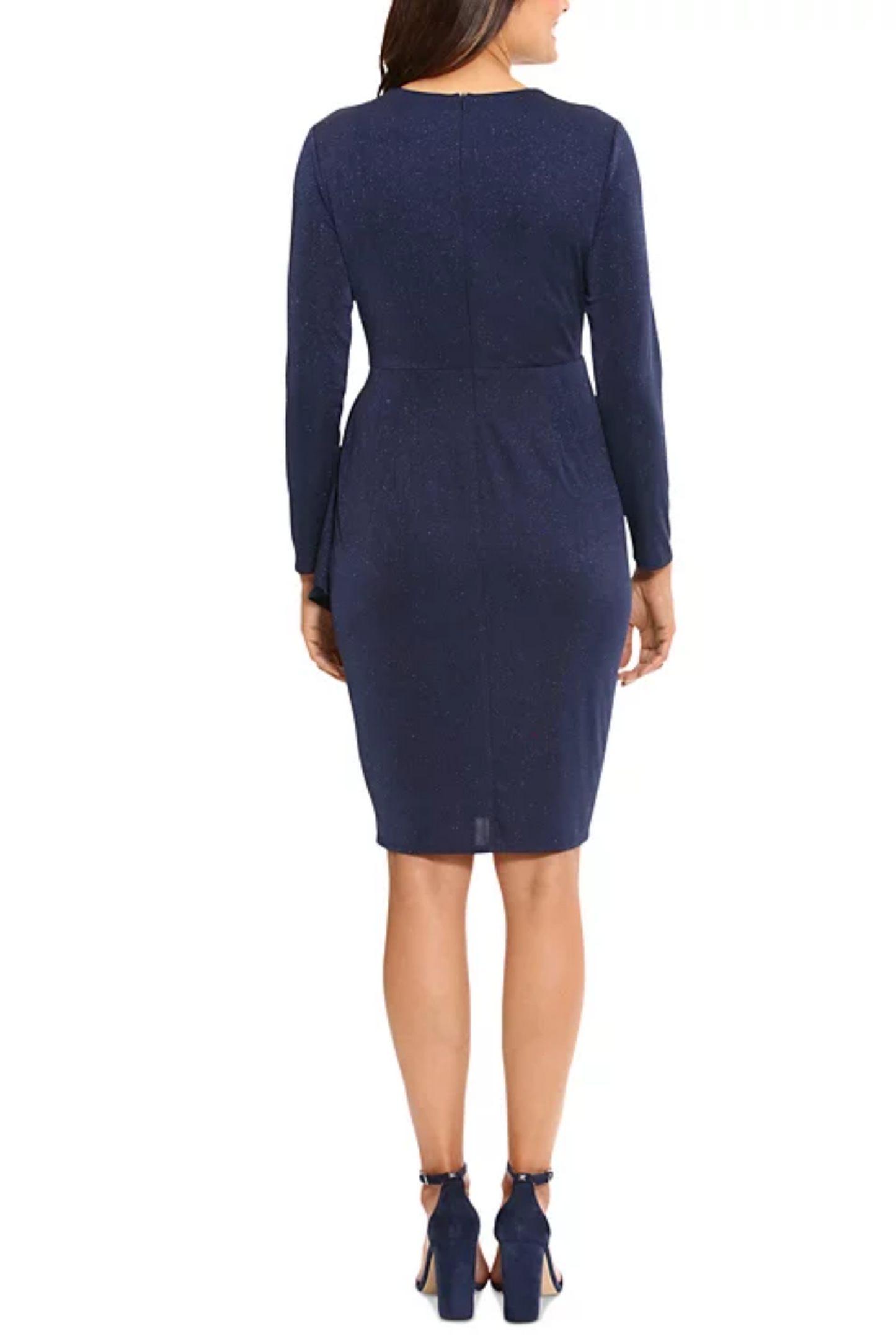 London Times Shimmer Pleated Waist Faux Wrap Dress